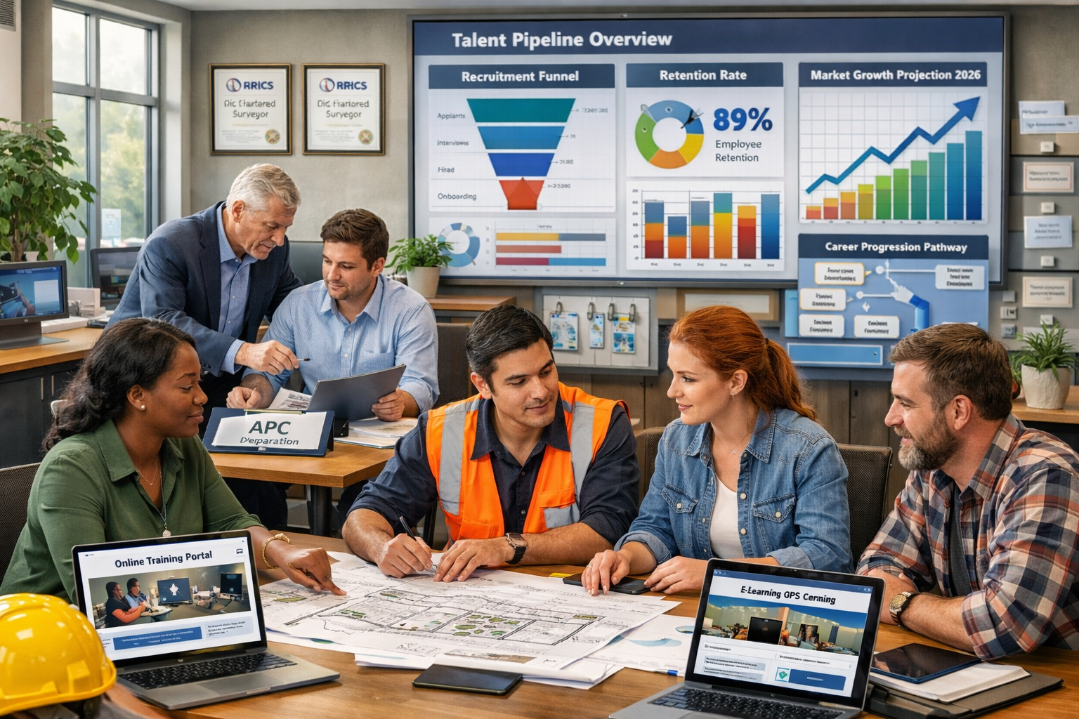 Landscape format (1536x1024) strategic recruitment and retention concept image showing surveying firm office environment. Foreground feature