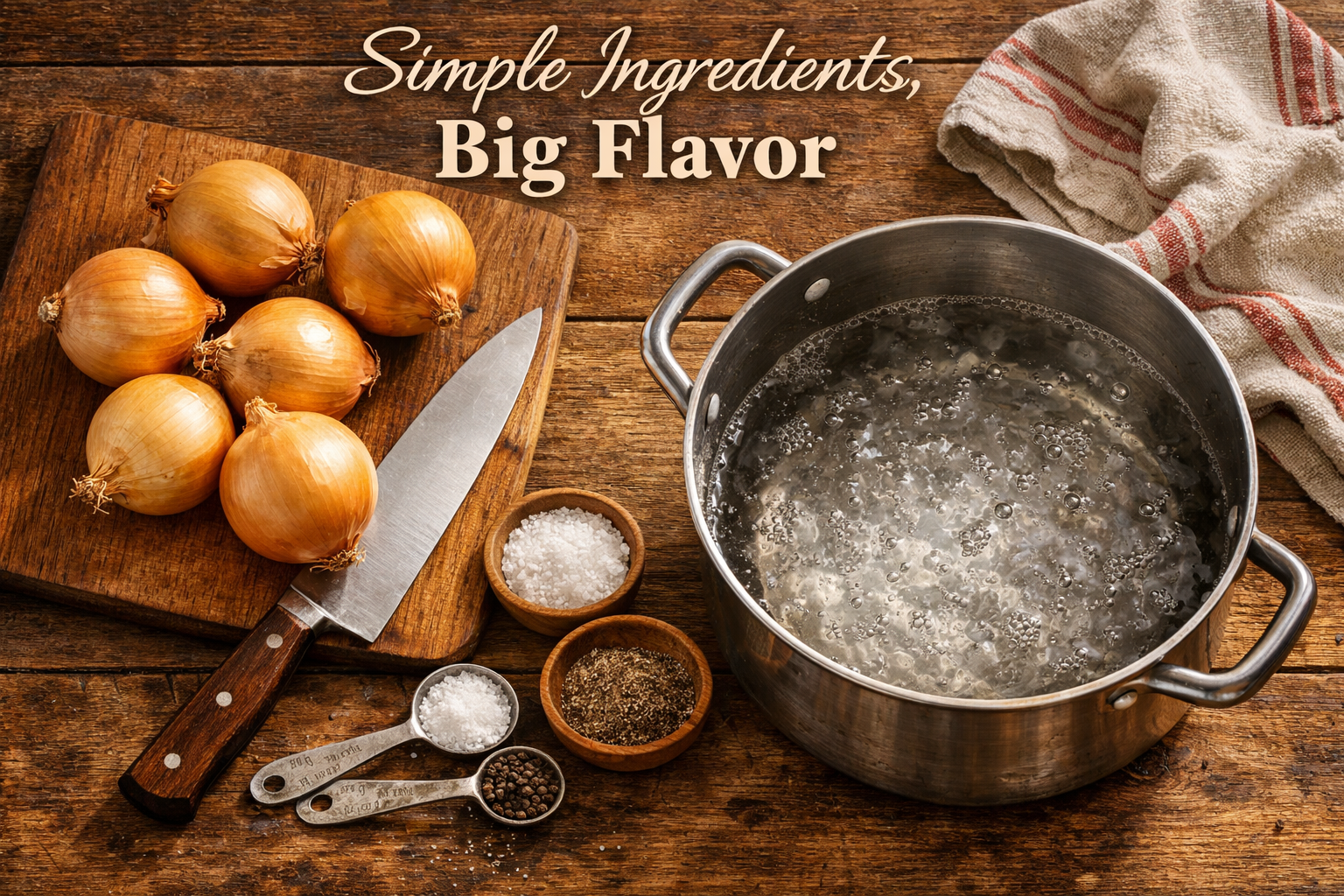 Detailed landscape image (1536x1024) showing step-by-step traditional onion boil preparation with fresh whole yellow onions arranged on wood