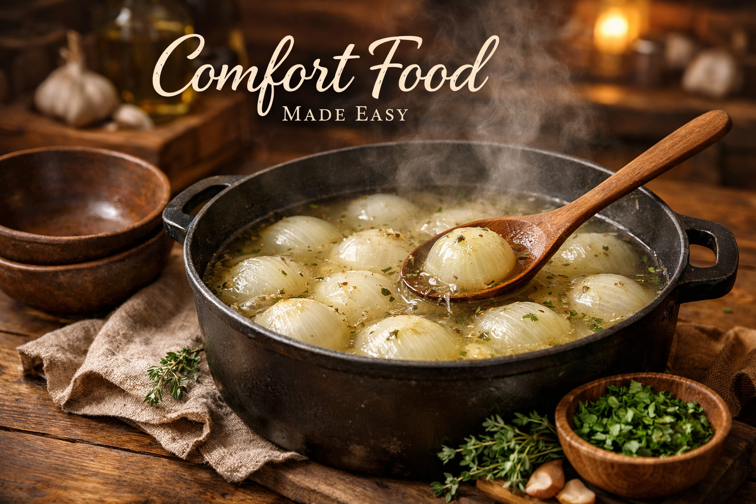 Landscape image (1536x1024) featuring steaming pot of perfectly cooked traditional onion boil with tender translucent onions in clear broth,