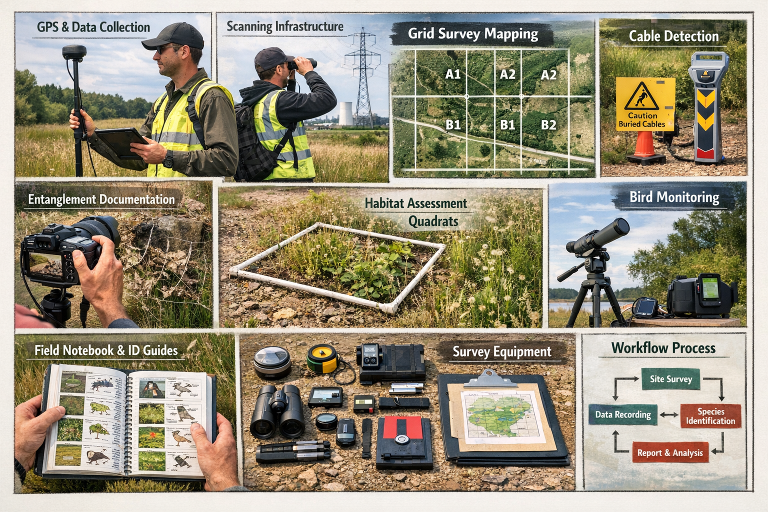 Comprehensive landscape format (1536x1024) visual checklist for ecology surveyors showing field survey methodology, featuring surveyor with 