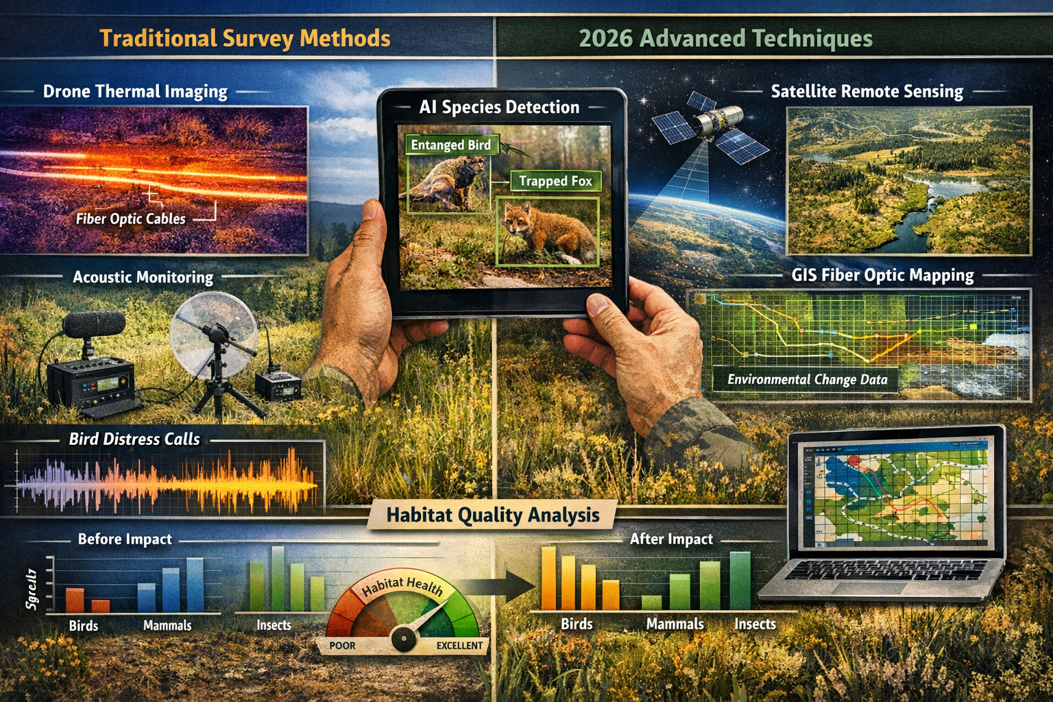 Detailed landscape format (1536x1024) comparison infographic showing traditional survey methods versus 2026 advanced techniques for detectin