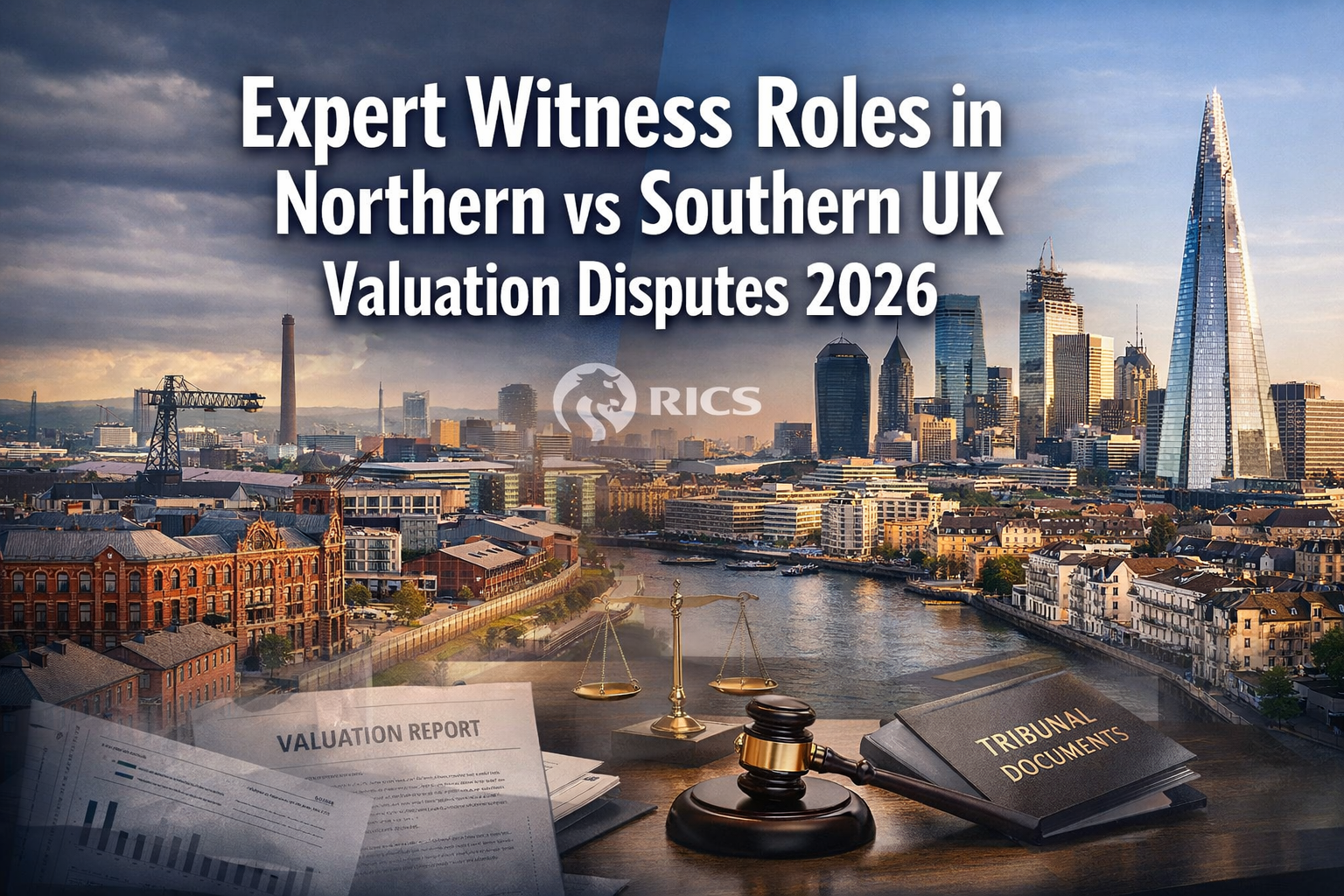 Professional landscape format (1536x1024) hero image with bold text overlay 'Expert Witness Roles in Northern vs Southern UK Valuation Dispu