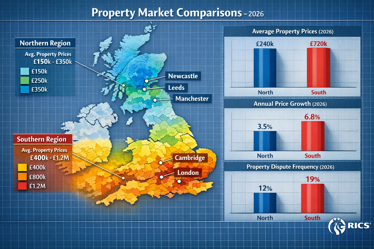 Landscape format (1536x1024) detailed infographic showing UK map divided into Northern and Southern regions with color-coded property value 