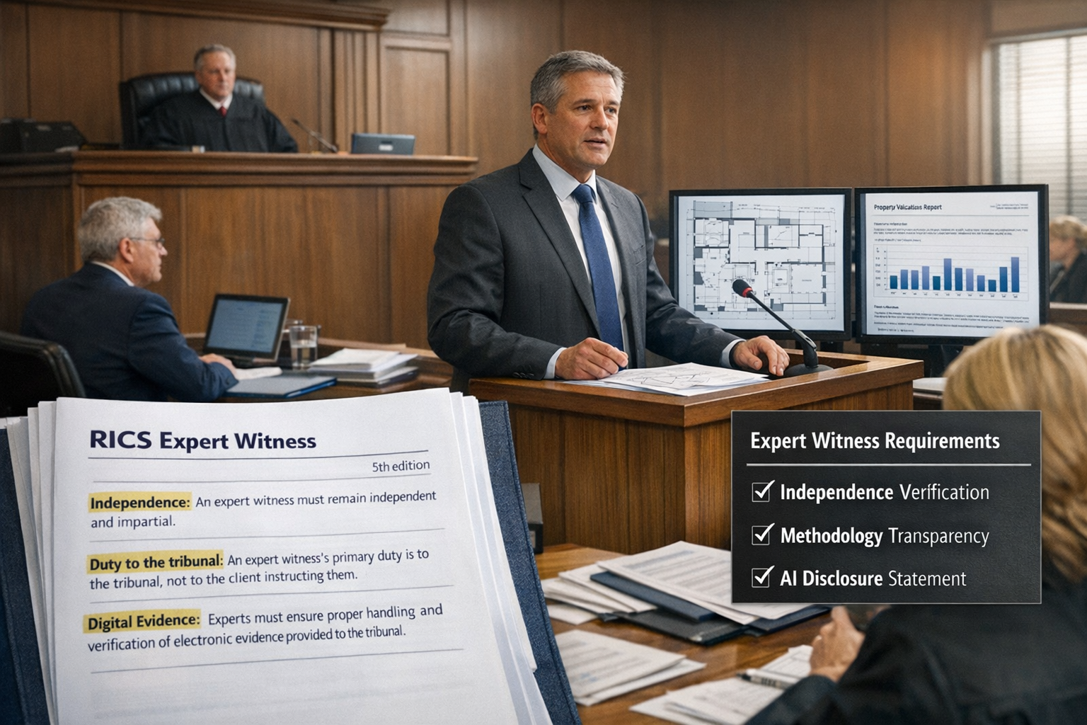 Landscape format (1536x1024) professional courtroom scene showing expert witness testimony setup. Central focus on RICS-qualified surveyor i