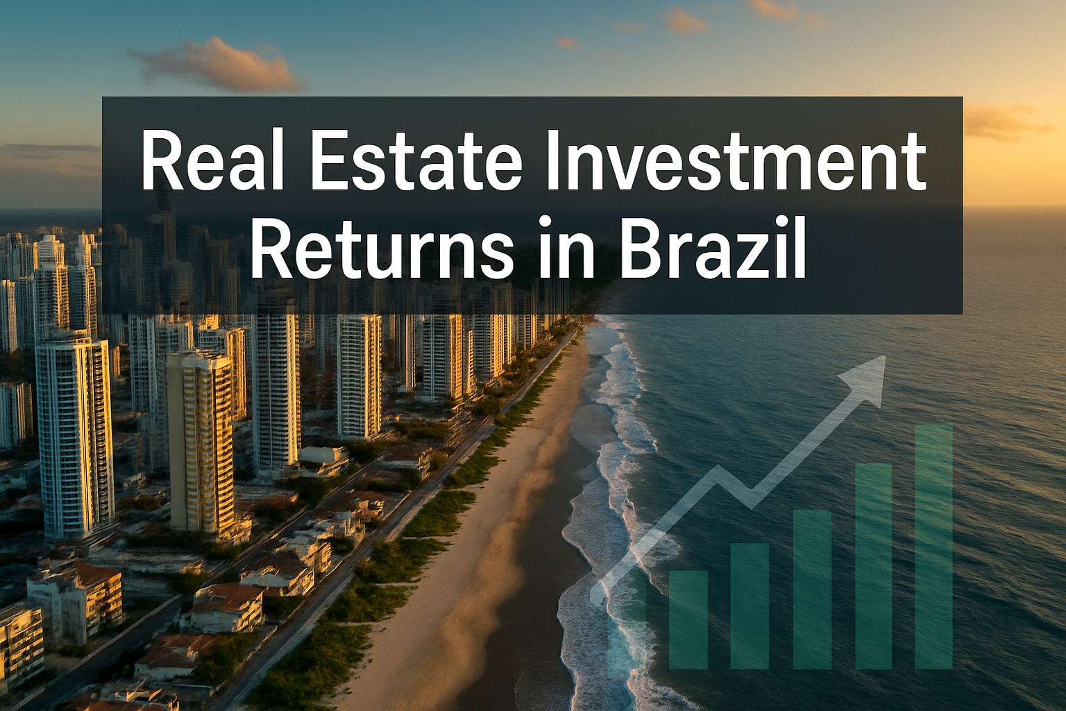 Professional landscape hero image (1536x1024) featuring bold text overlay 'Real Estate Investment Returns in Brazil' in extra large 72pt whi