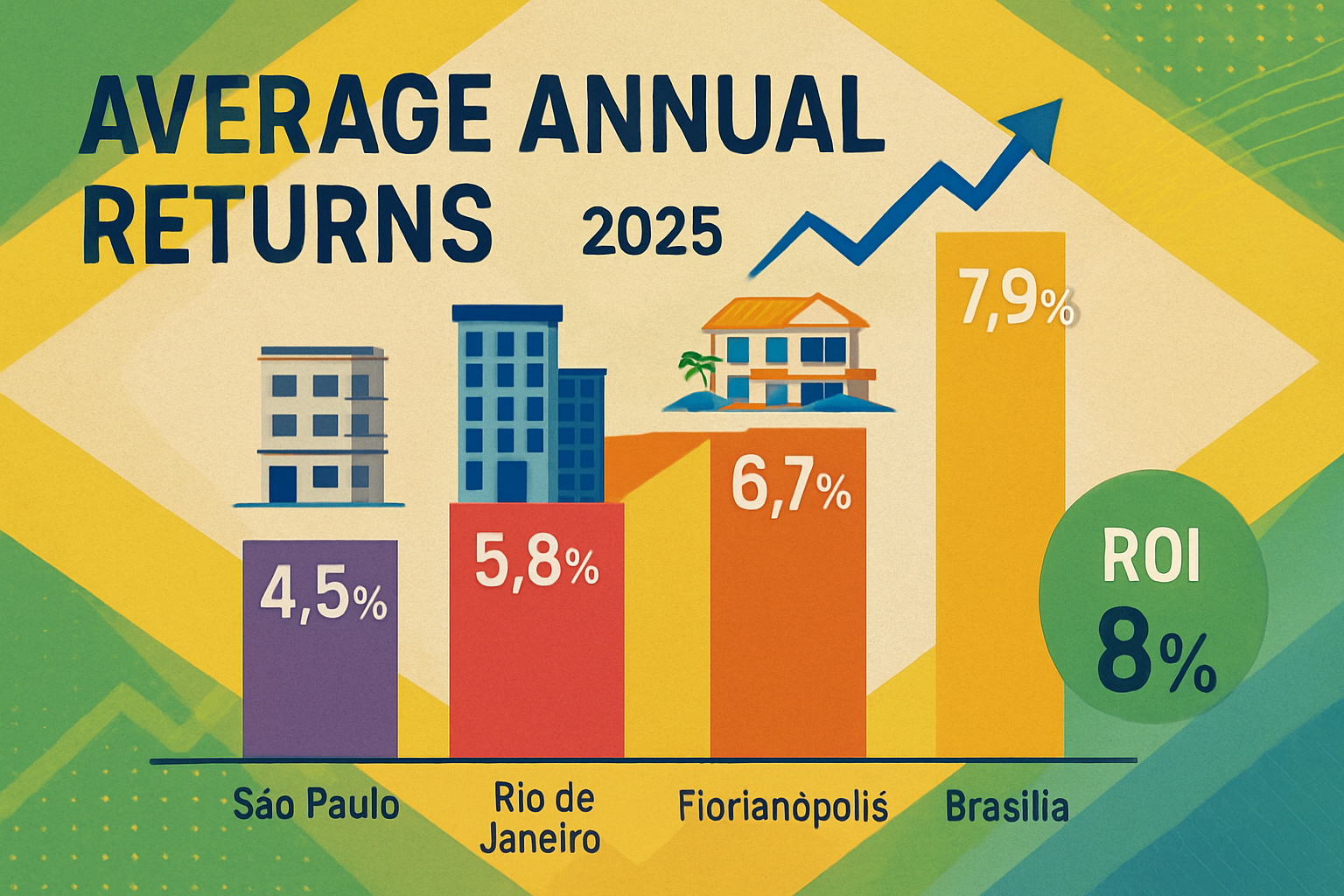 Detailed editorial infographic (1536x1024) showing Brazilian real estate market performance metrics for 2025. Central focus on colorful bar