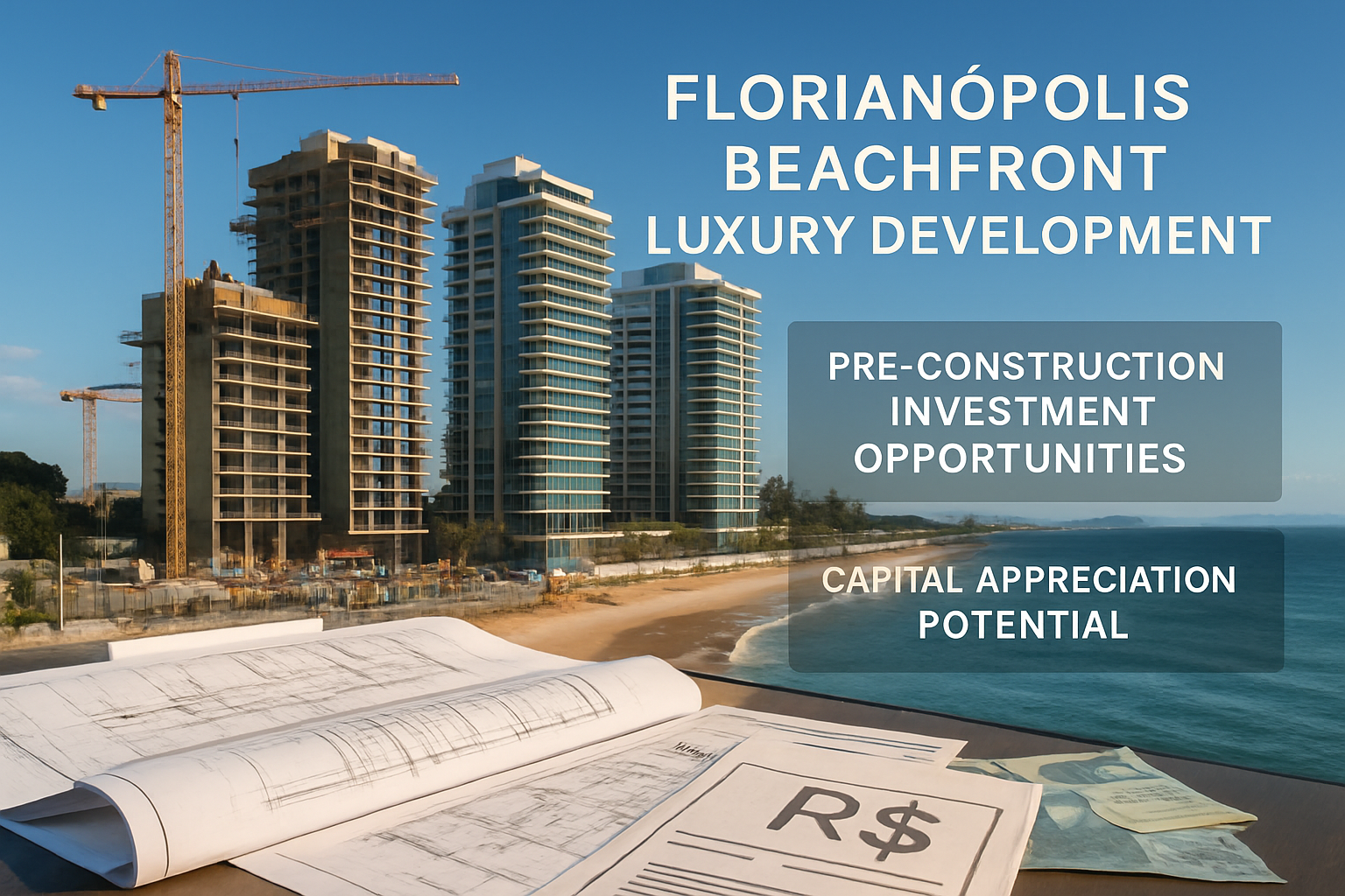 Landscape photograph (1536x1024) depicting Florianópolis beachfront luxury development construction site with modern high-rise residential t