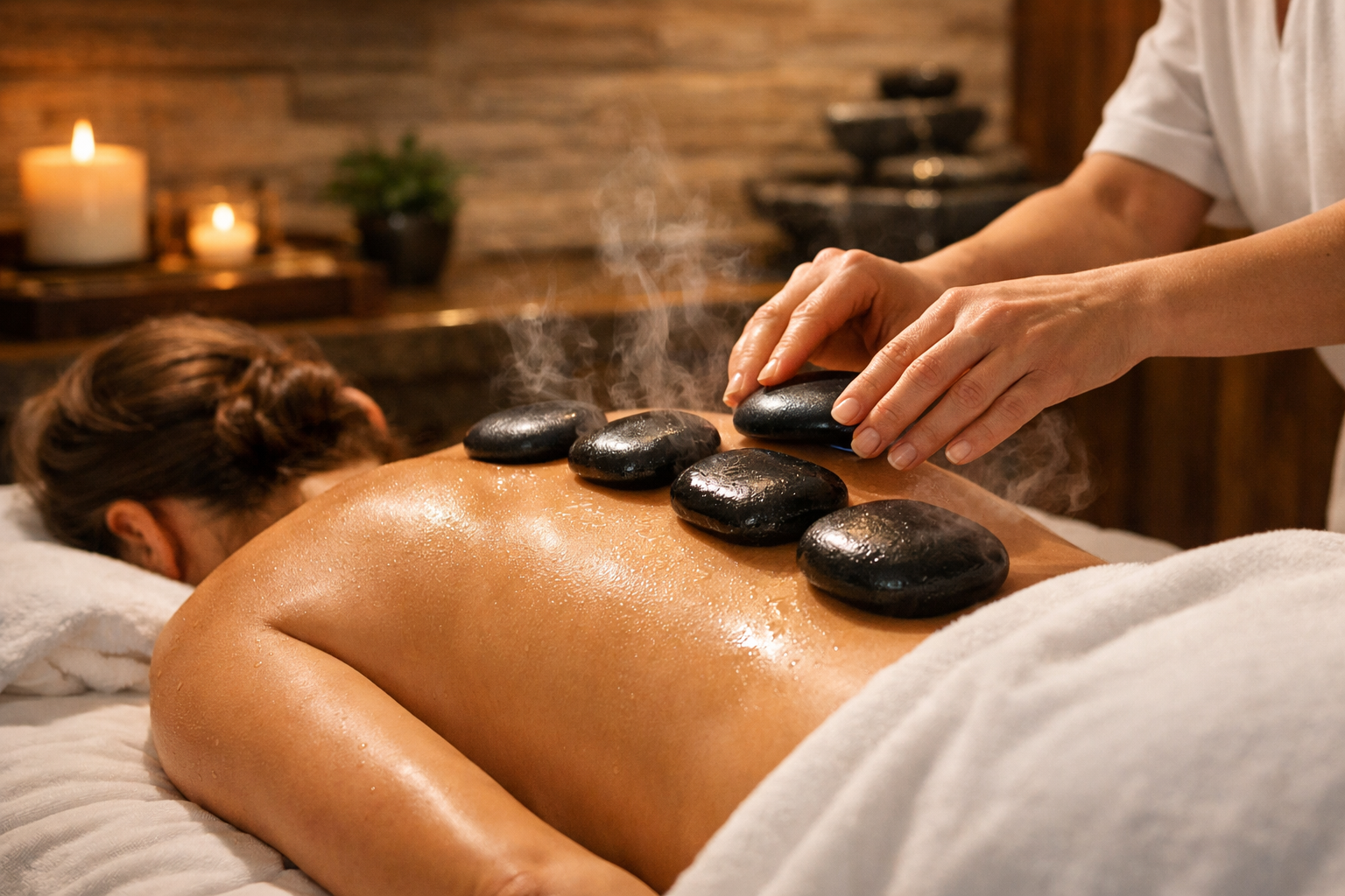 Detailed landscape format (1536x1024) image showing close-up of hot stone massage therapy in action with smooth heated basalt stones placed 