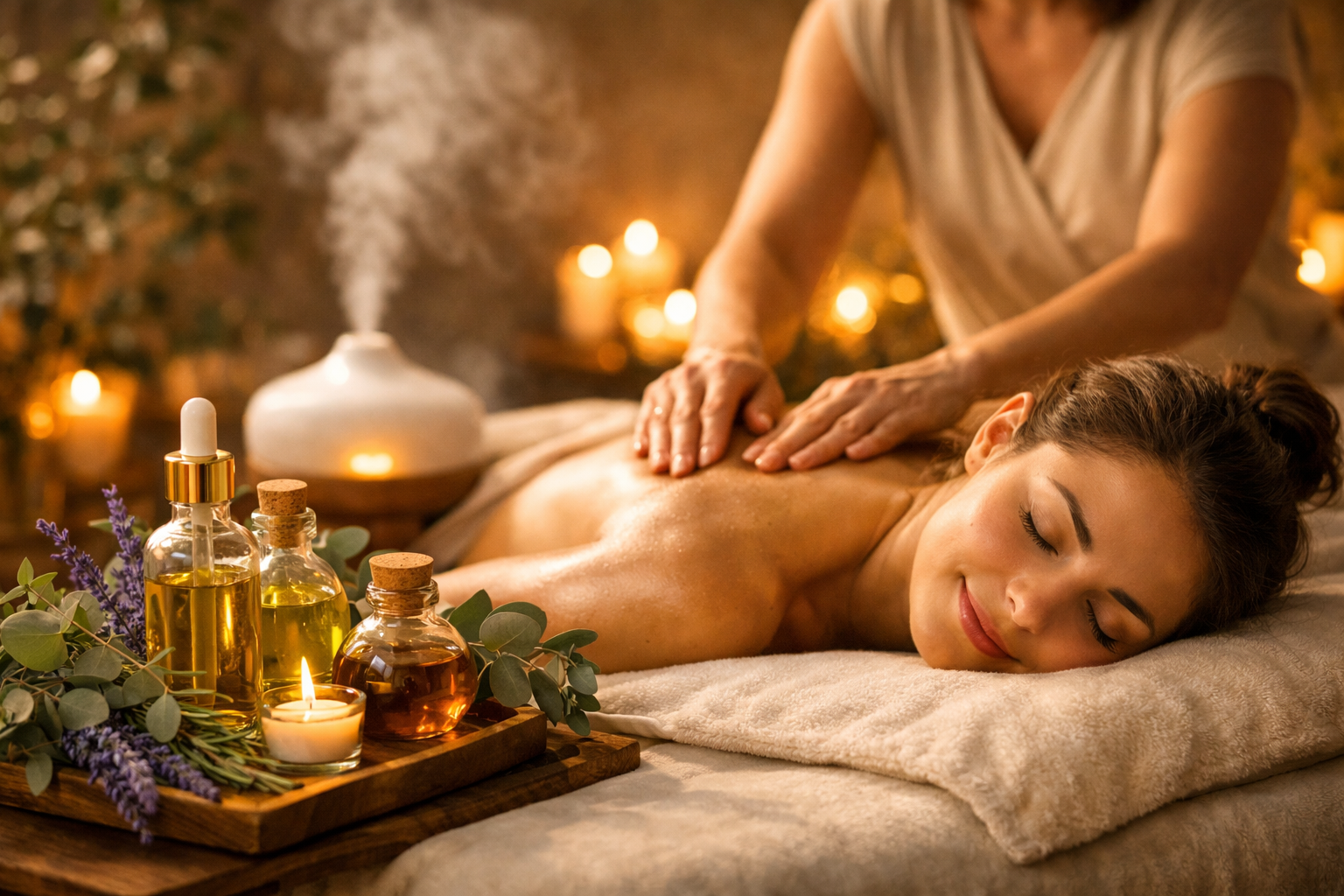 Professional landscape format (1536x1024) aromatherapy massage scene featuring therapist performing gentle massage with essential oils, eleg