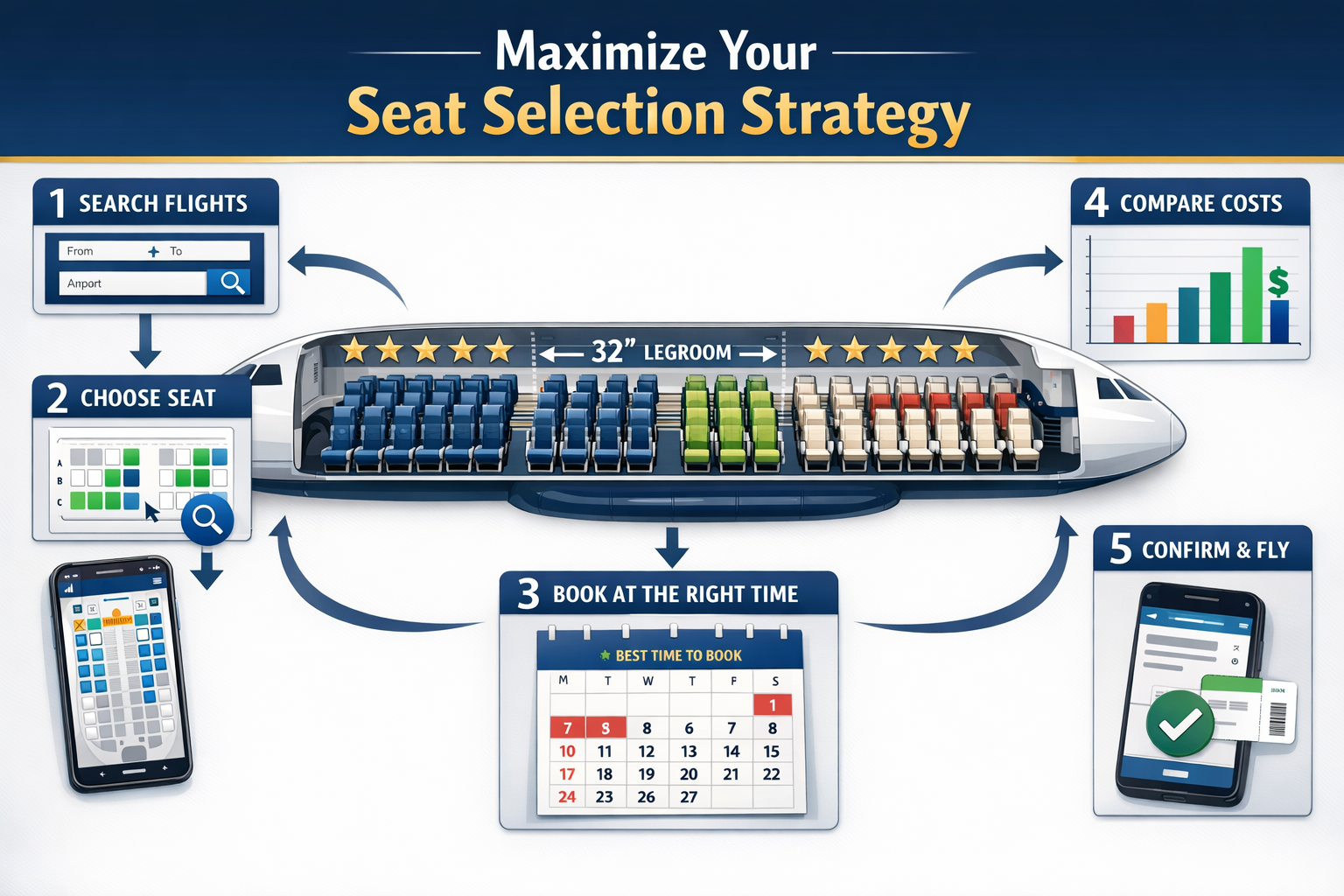 Landscape format (1536x1024) infographic-style image showing step-by-step airline seat selection strategy workflow. Visual flowchart with nu