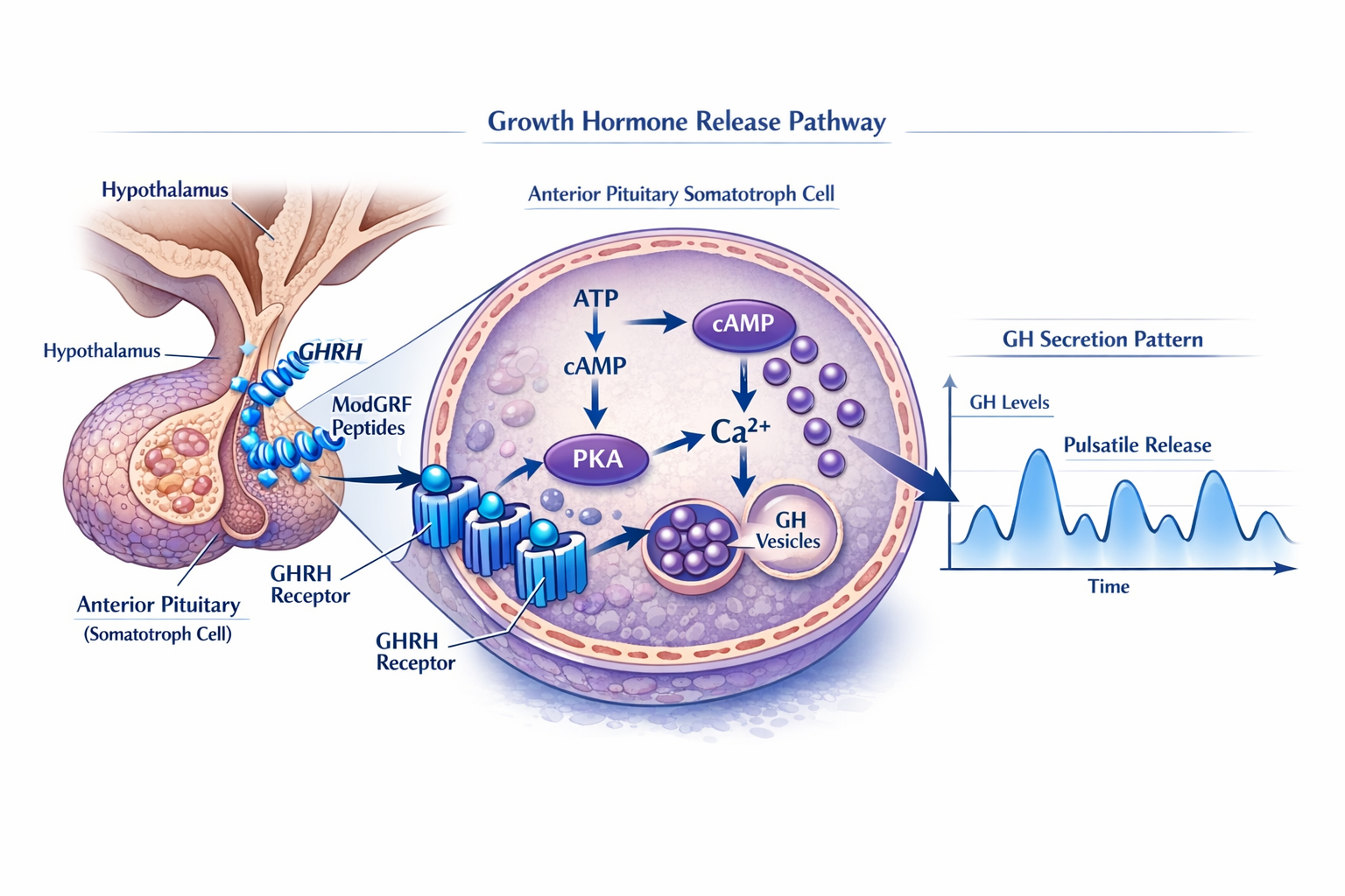 Professional medical diagram illustrating pituitary gland cross-section with GHRH receptor binding sites highlighted in blue, growth hormone