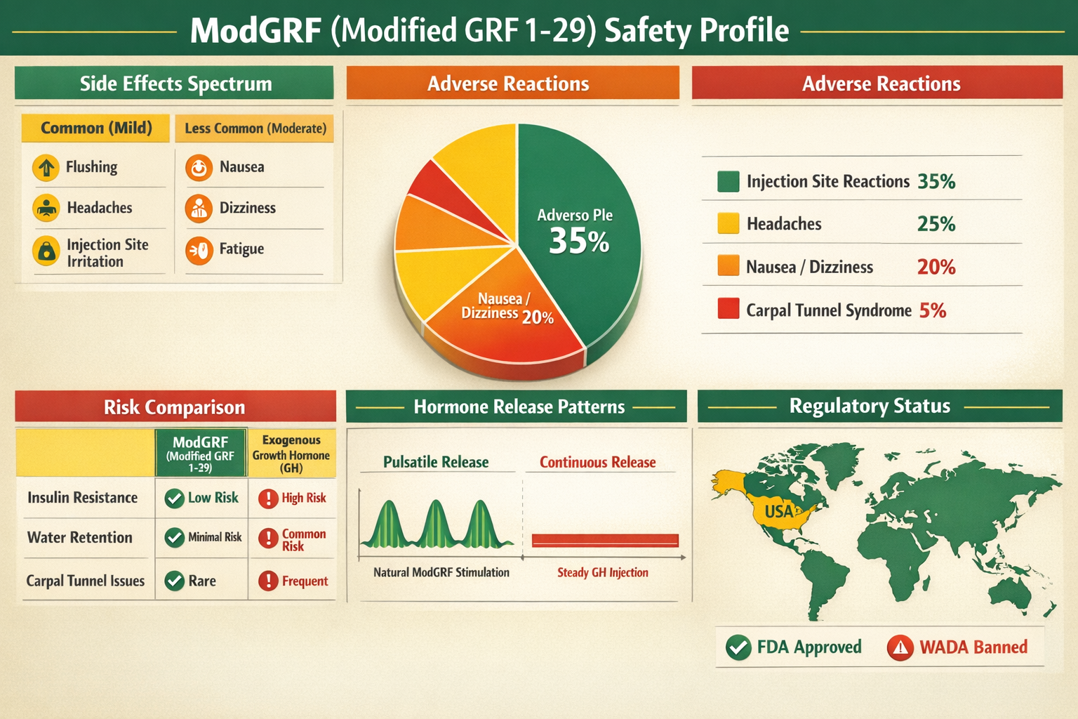 Comprehensive safety profile infographic showing ModGRF side effects spectrum from mild to rare, pie chart of reported adverse reactions wit