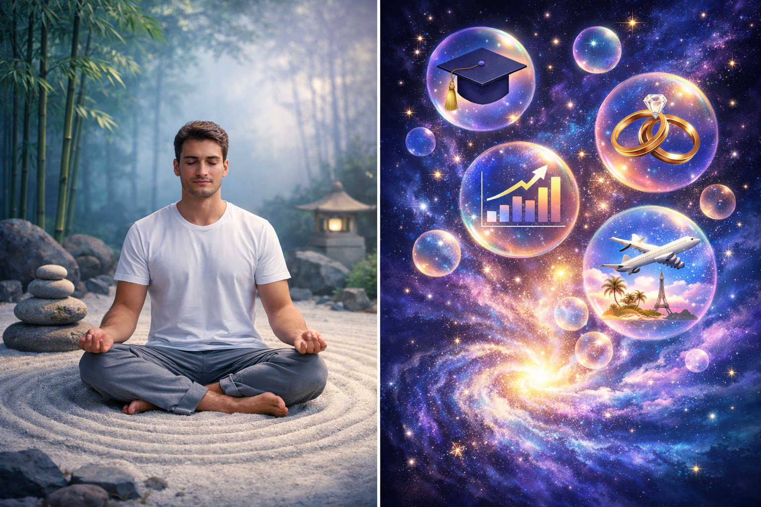 Detailed () image showing split-screen composition: left side displays person in lotus position with closed eyes in