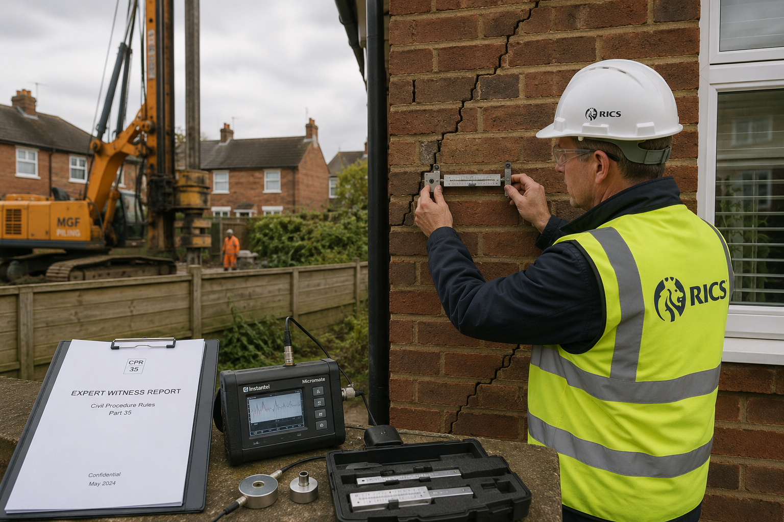 Detailed () editorial illustration showing a RICS-qualified building surveyor in high-visibility vest and hard hat using a