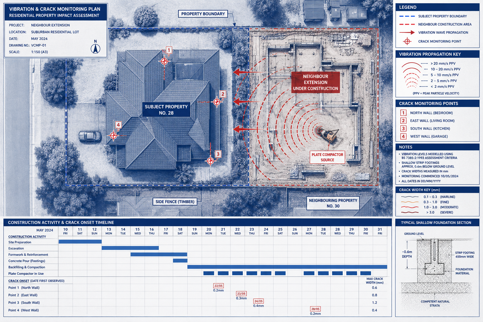 () top-down aerial-style infographic illustration showing a residential property boundary with a neighbour's extension under