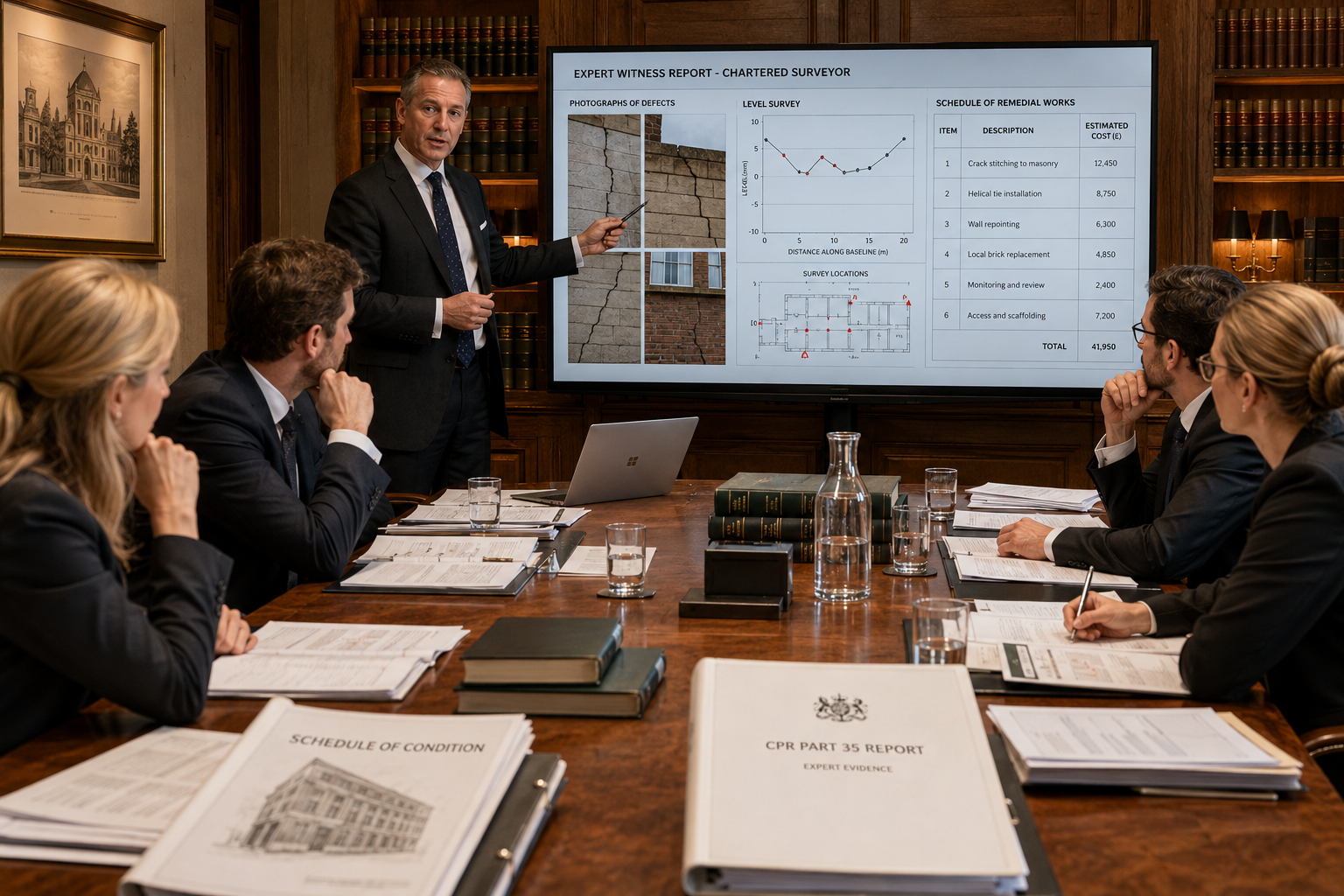 () courtroom-adjacent scene showing a formal conference table with two opposing legal teams, a large screen displaying a