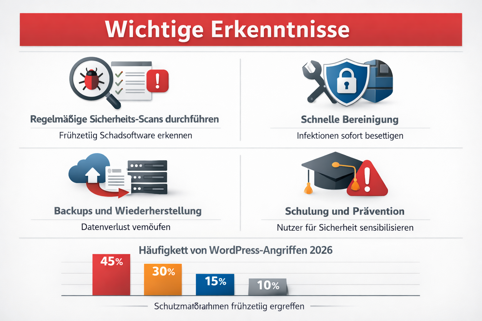 Professional infographic for article "WordPress Malware Entfernen Deutschland: Der vollständige Leitfaden 2026", section: