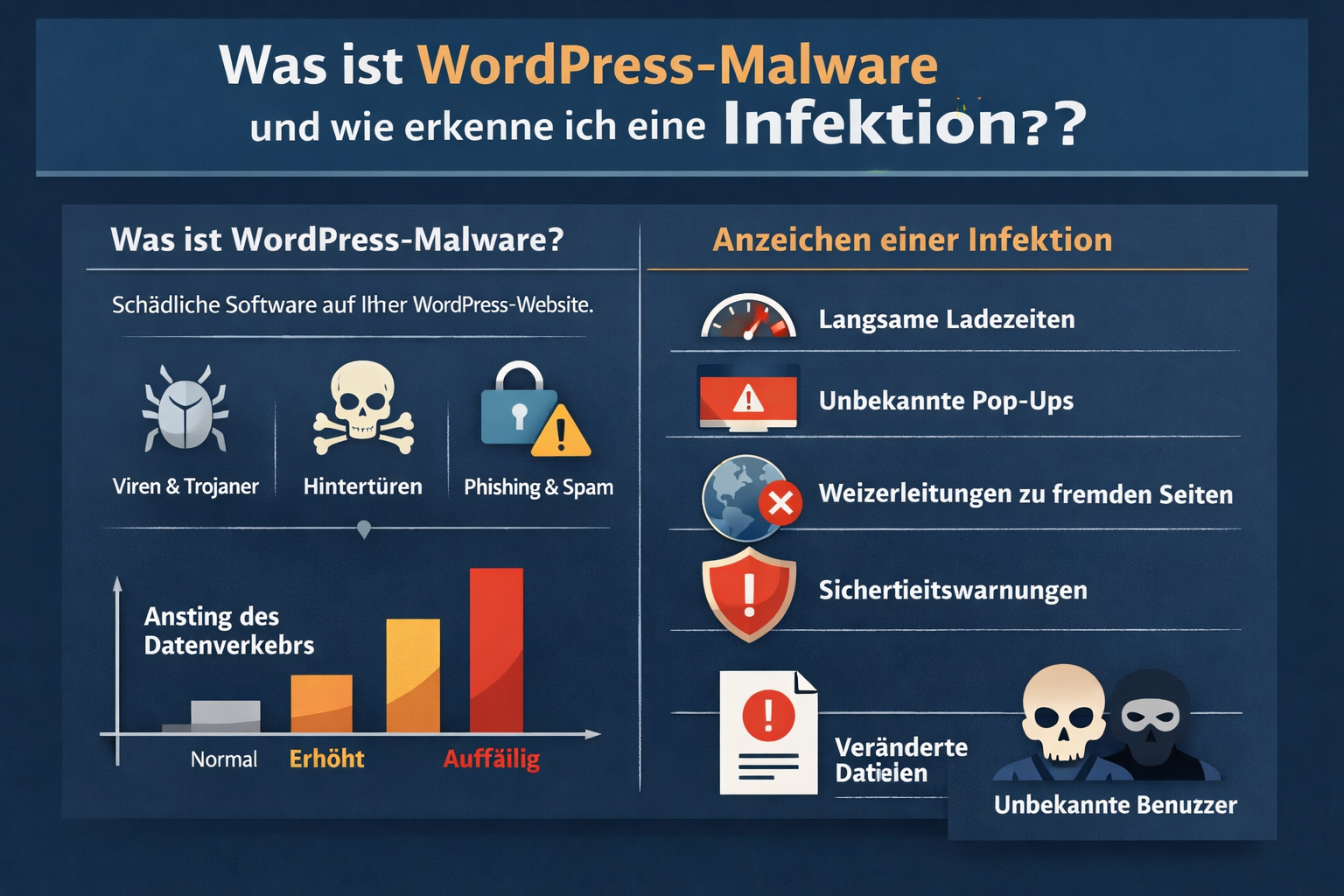 Professional infographic for article "WordPress Malware Entfernen Deutschland: Der vollständige Leitfaden 2026", section:
