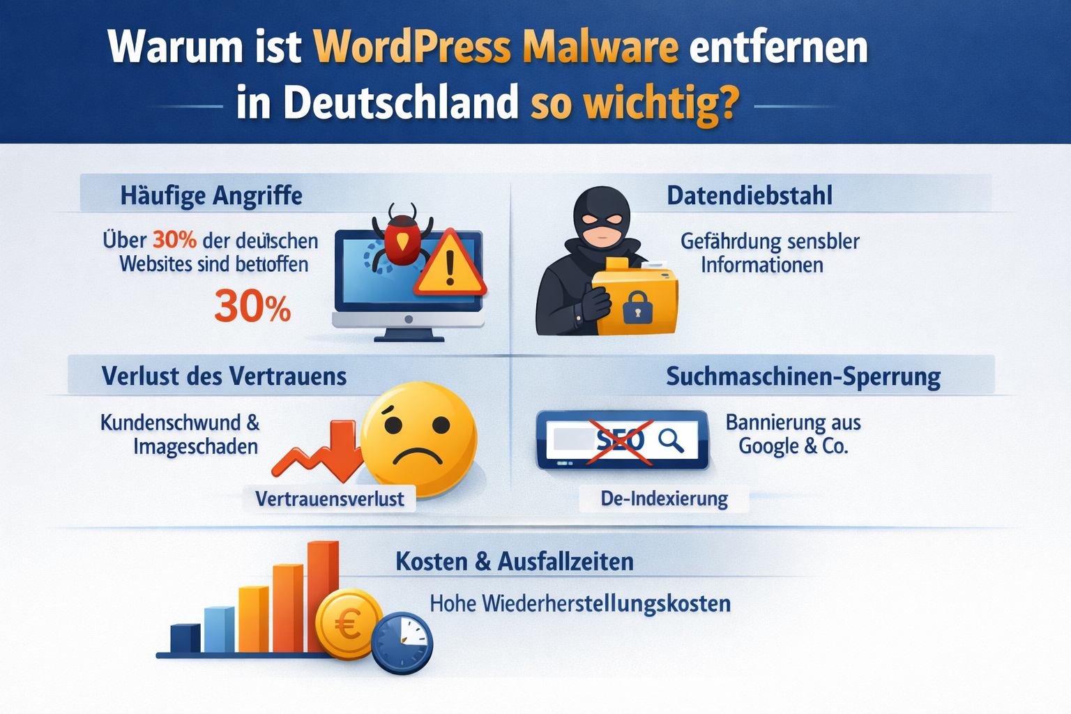 Professional infographic for article "WordPress Malware Entfernen Deutschland: Der vollständige Leitfaden 2026", section: