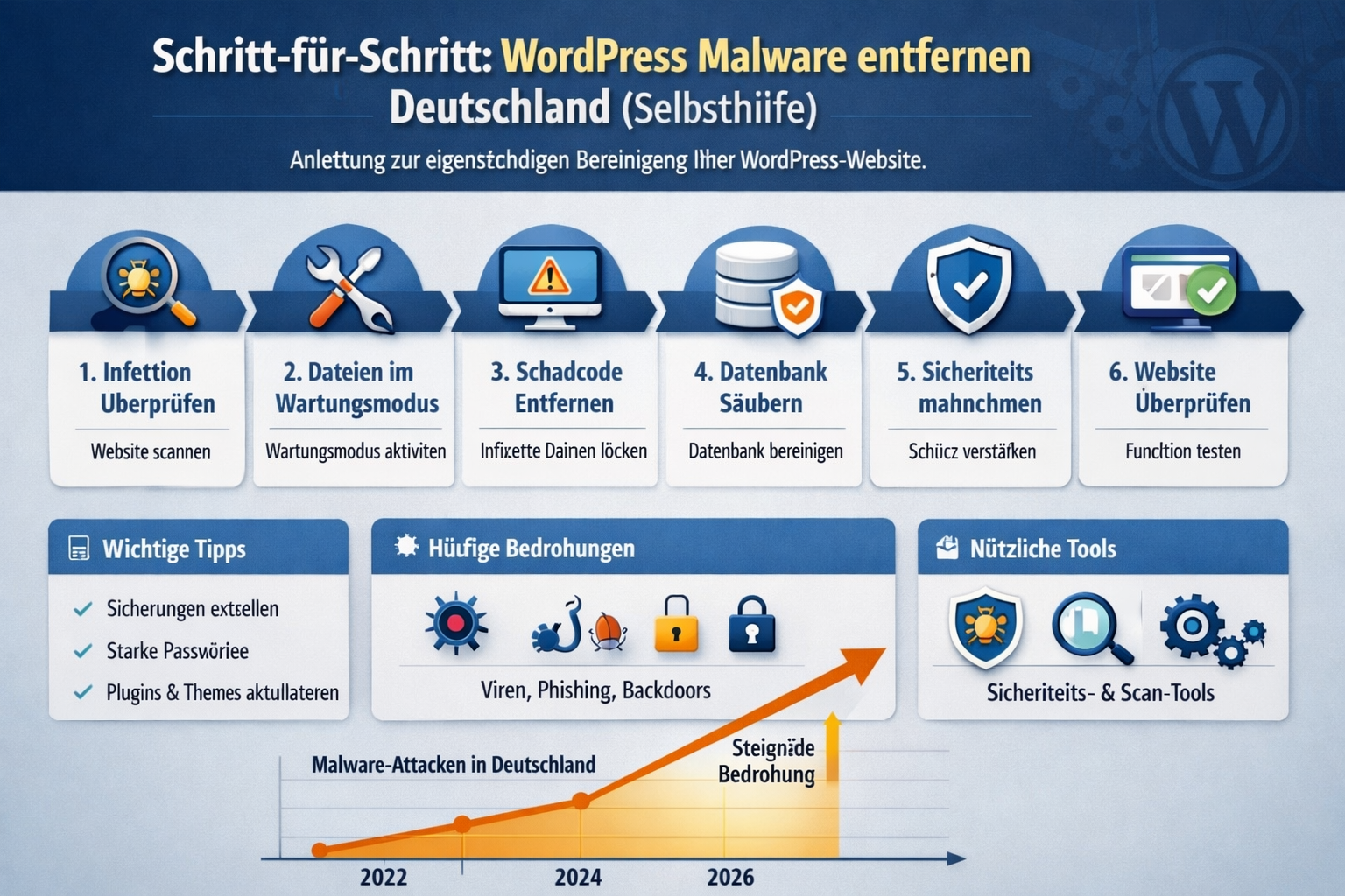 Professional infographic for article "WordPress Malware Entfernen Deutschland: Der vollständige Leitfaden 2026", section: