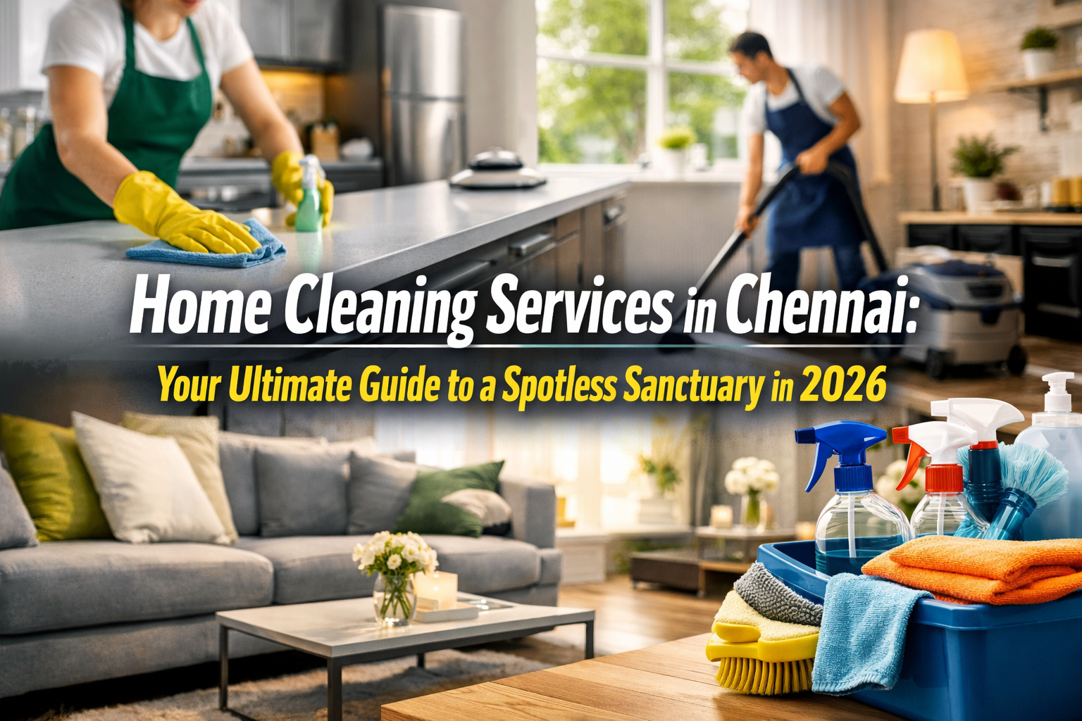Professional landscape hero image (1536x1024) with bold text overlay: "Home Cleaning Services in Chennai: Your Ultimate Guide to a Spotless