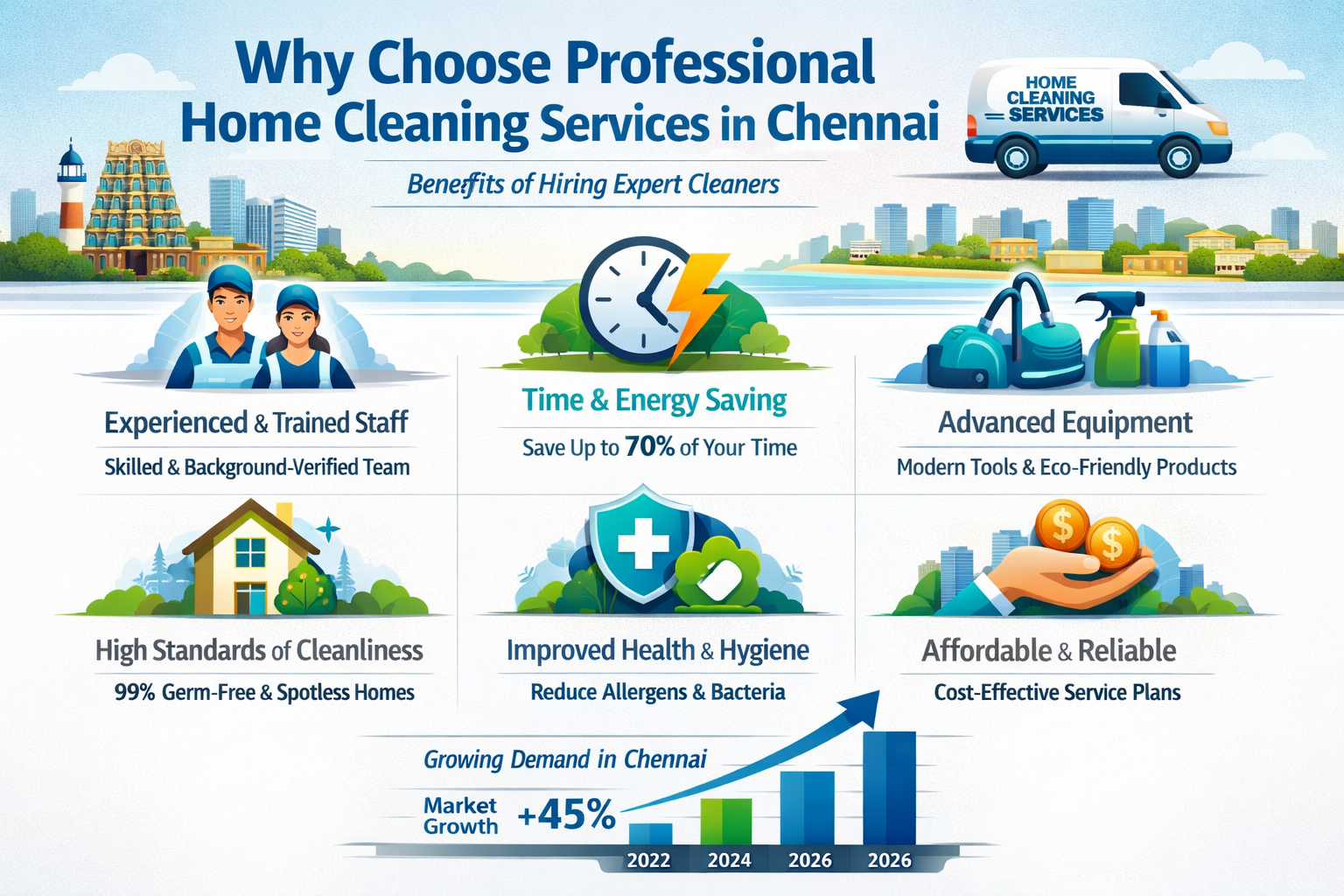 Professional landscape infographic (1536x1024) for article "Home Cleaning Services in Chennai: Your Ultimate Guide to a Spotless Sanctuary i
