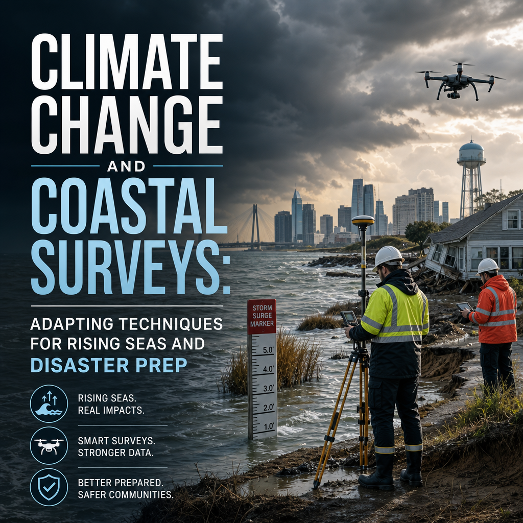 Professional landscape hero image () with : "Climate Change and Coastal Surveys: Adapting Techniques for Rising Seas and