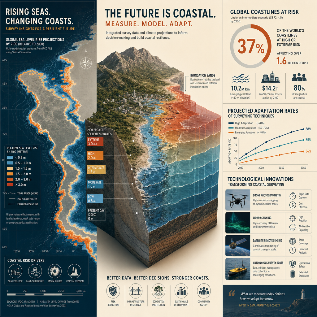Comprehensive infographic depicting key climate change coastal survey insights, featuring a split-screen layout with rising