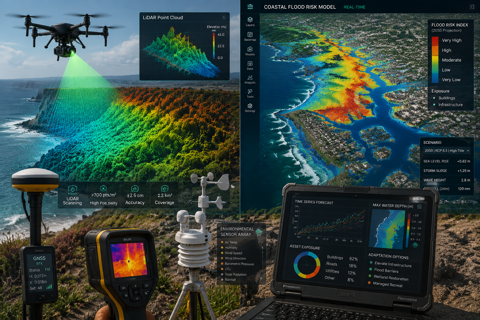 Technical visualization of modern coastal surveying techniques, featuring high-resolution split-screen demonstrating