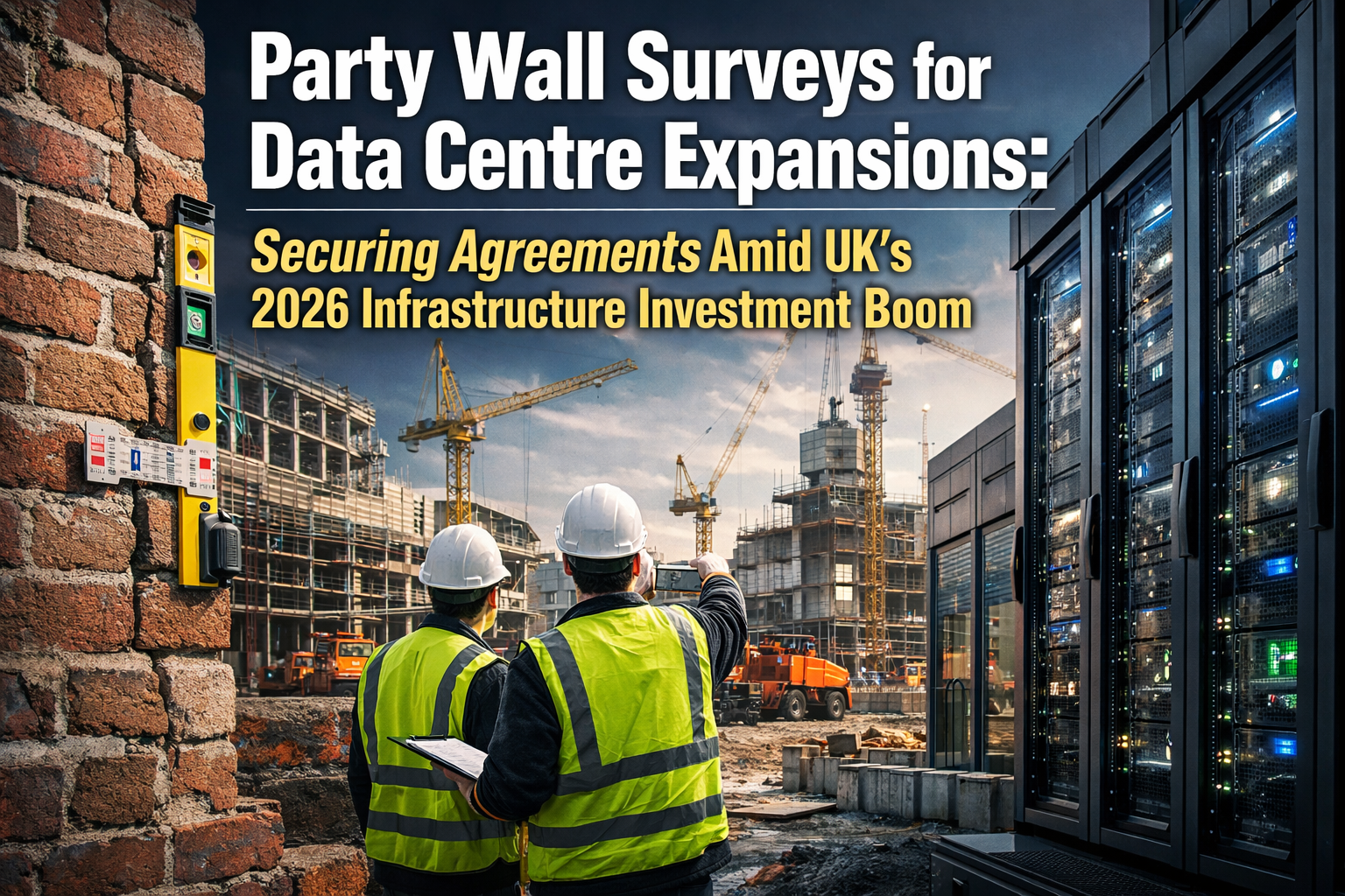 Professional landscape hero image (1536x1024) with bold text overlay: "Party Wall Surveys for Data Centre Expansions: Securing Agreements Am
