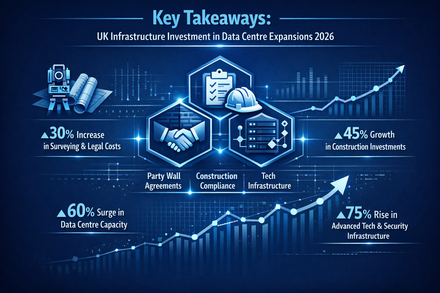 Infographic-style visual for 'Key Takeaways' section depicting UK infrastructure investment landscape for data centre expansions in 2026. Ce
