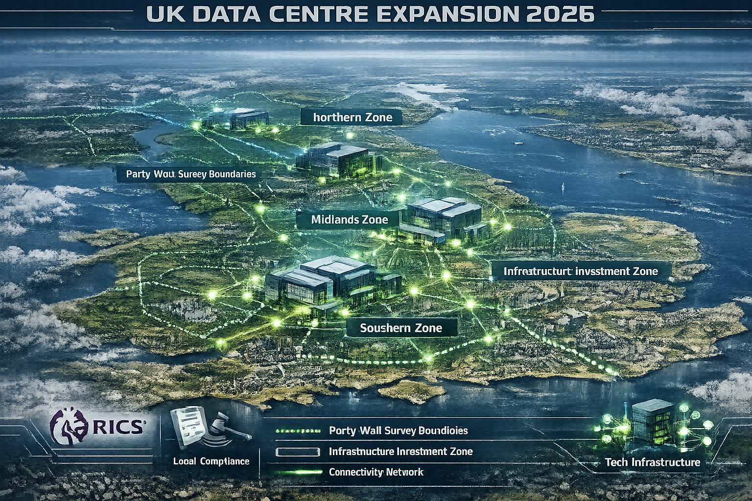 Comprehensive landscape illustration mapping the 2026 UK Data Centre Expansion ecosystem. Aerial perspective showing geographical network of