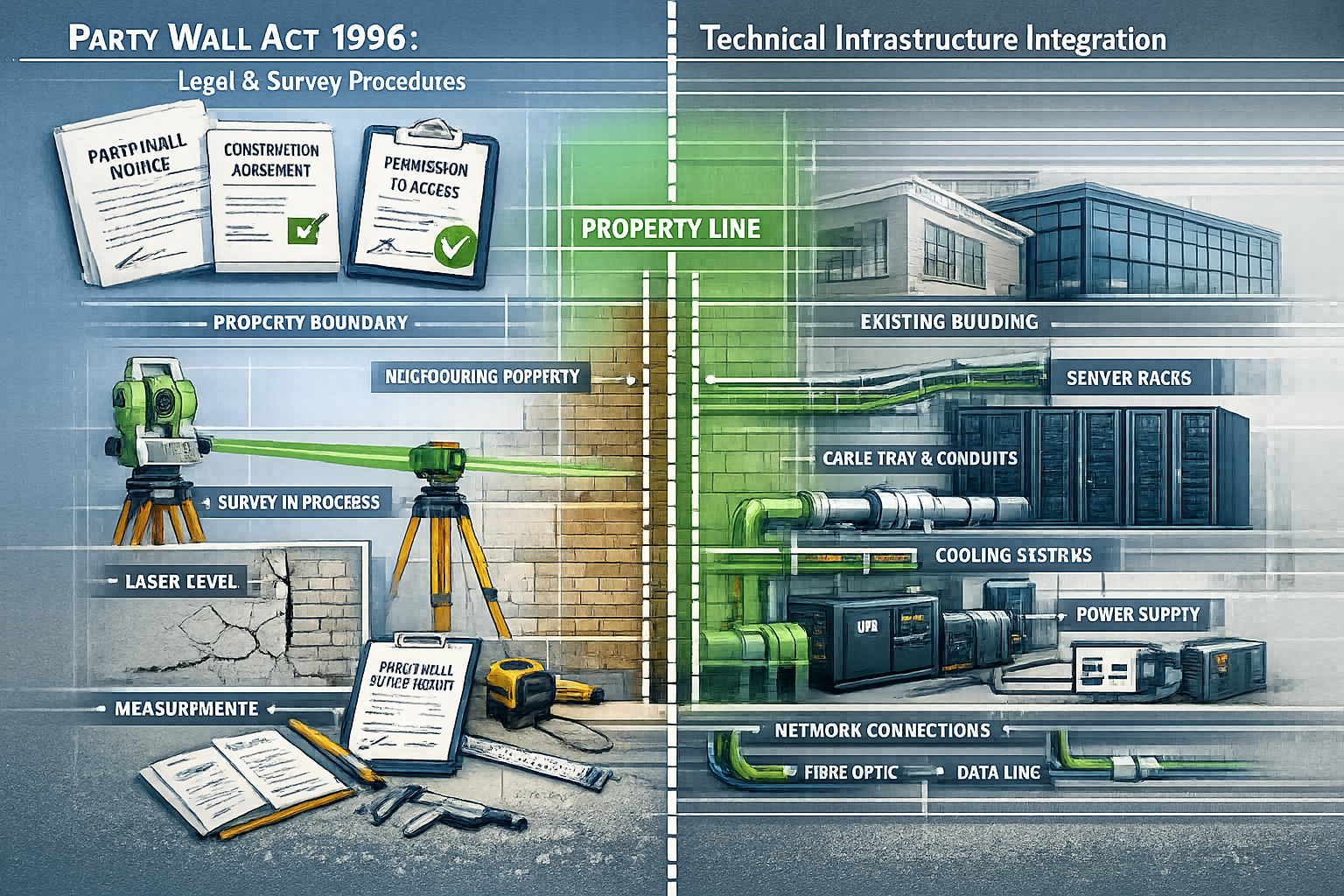 Technical architectural diagram illustrating Party Wall Act 1996 framework for data centre construction. Split-screen visualization showing 