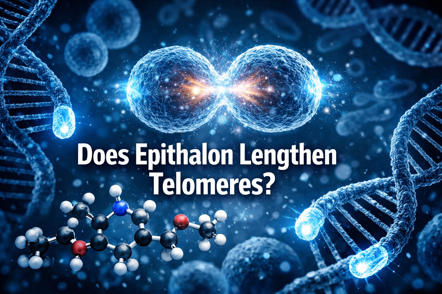 Professional landscape format (1536x1024) scientific hero image with bold text overlay 'Does Epithalon Lengthen Telomeres?' in 70pt white sa