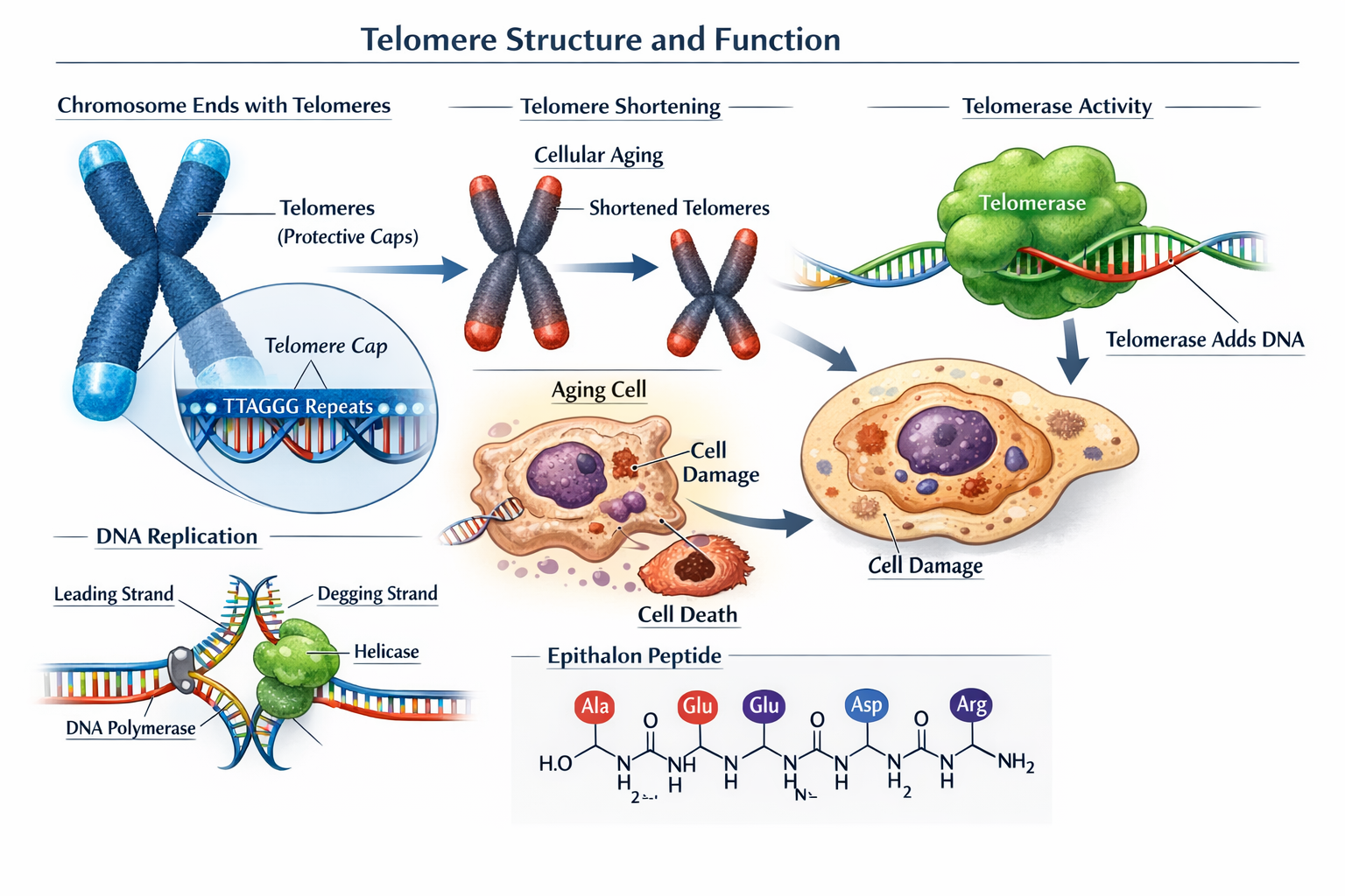 Detailed landscape format (1536x1024) scientific illustration showing telomere structure and function. Visual depicts chromosome ends with p