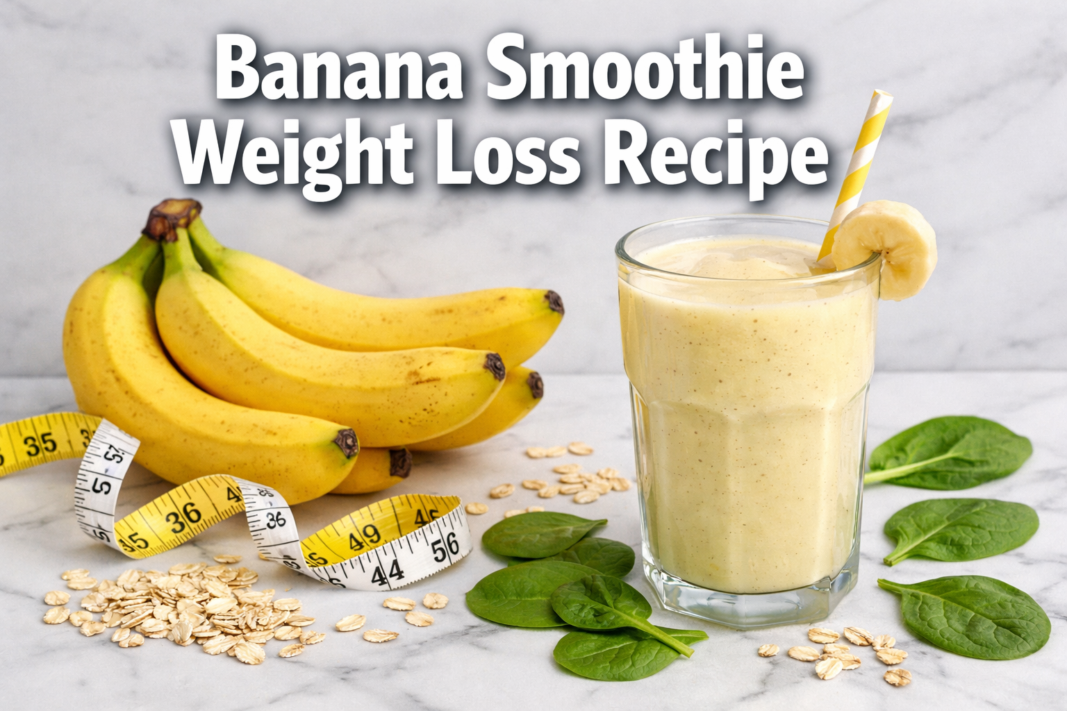 Professional landscape hero image (1536x1024) featuring bold text overlay 'Banana Smoothie Weight Loss Recipe' in extra large 72pt white san