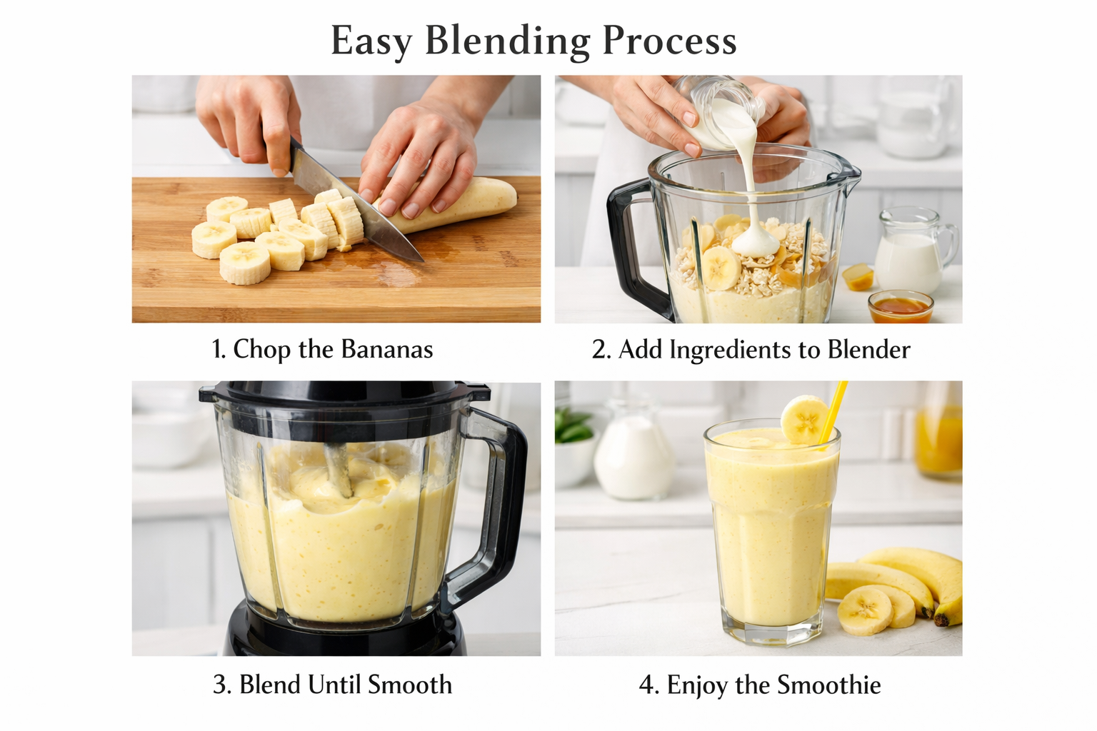 Step-by-step visual guide showing banana smoothie preparation process in four panels - chopping bananas, adding ingredients to blender, blen