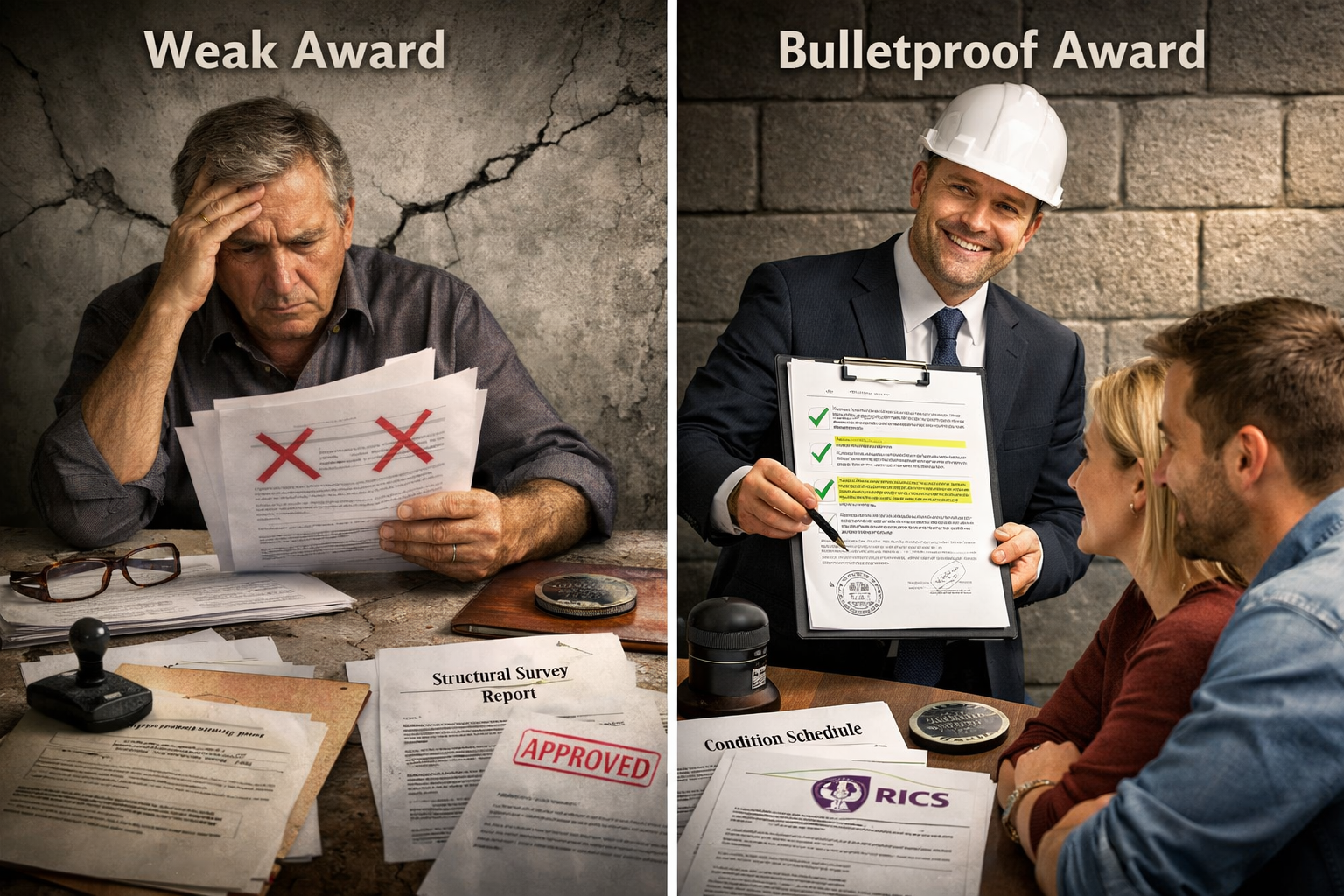 () split-screen composition showing two contrasting scenarios. Left half: 'Weak Award' - faded, generic document with red X