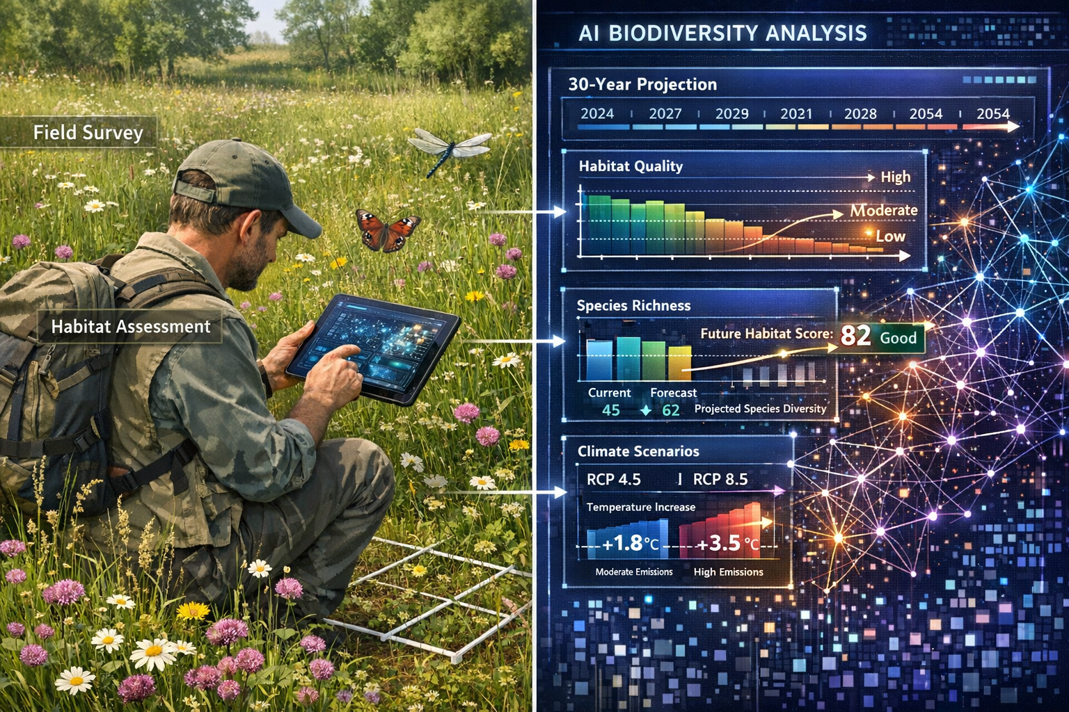 () detailed illustration showing ecologist in field gear using tablet device displaying AI interface with real-time