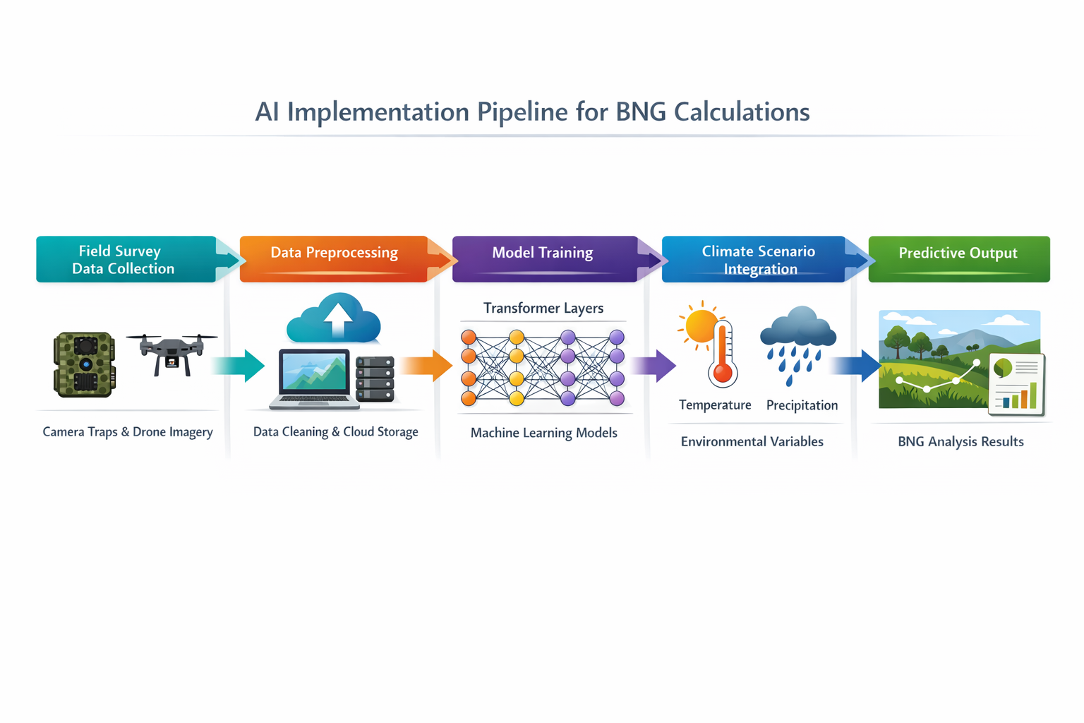 () technical workflow diagram showing step-by-step AI implementation pipeline for BNG calculations, designed as flowing