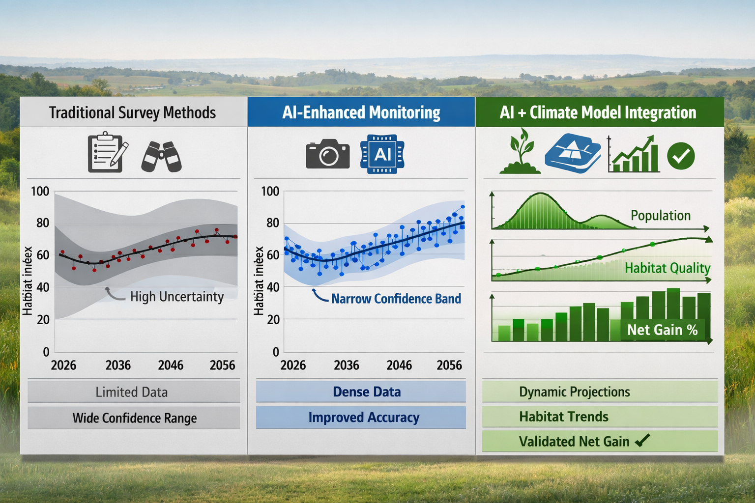 () comparative visualization dashboard showing three side-by-side habitat monitoring scenarios over 30-year timeline from