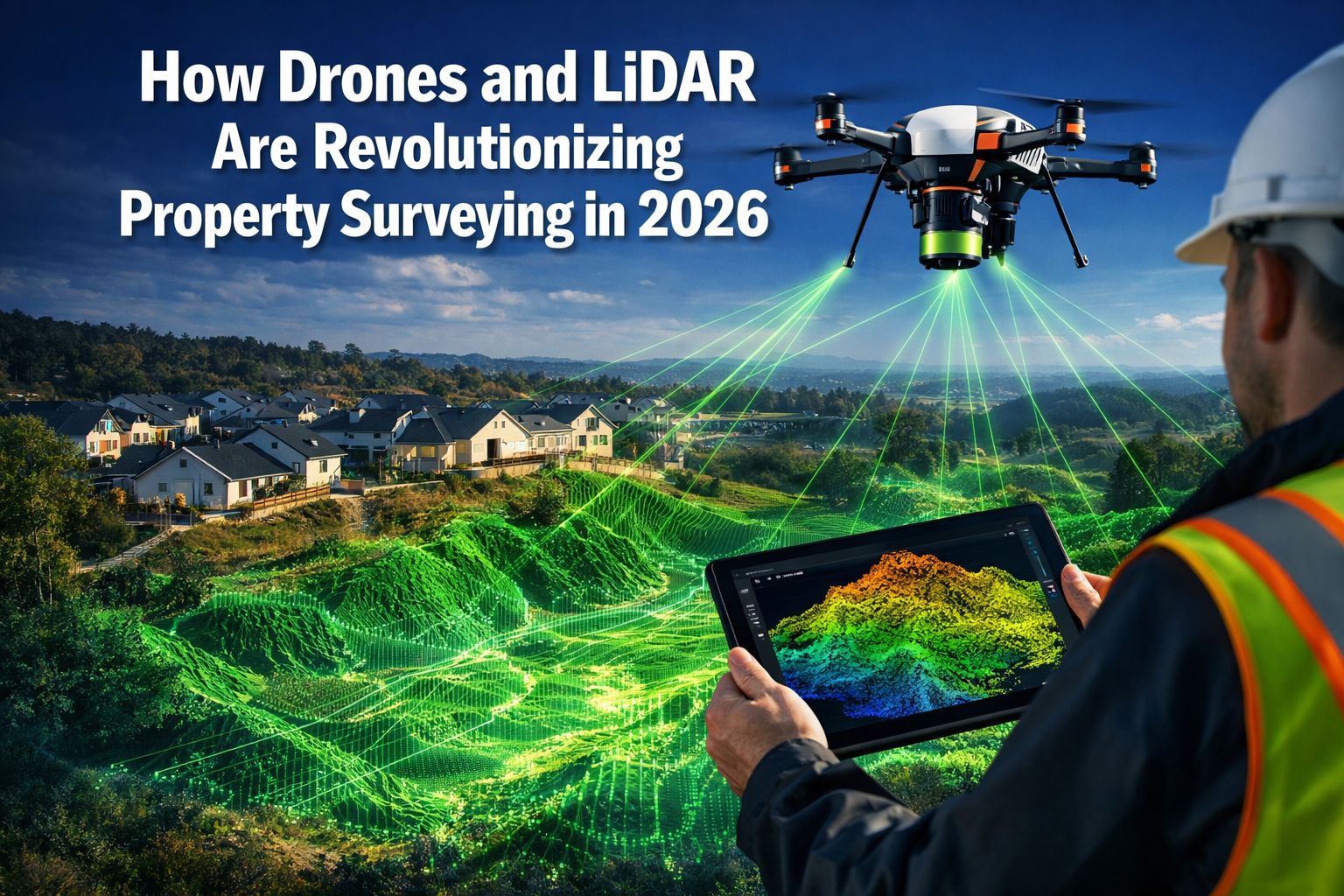 Professional landscape format (1536x1024) hero editorial cover image with bold white text overlay 'How Drones and LiDAR Are Revolutionizing 