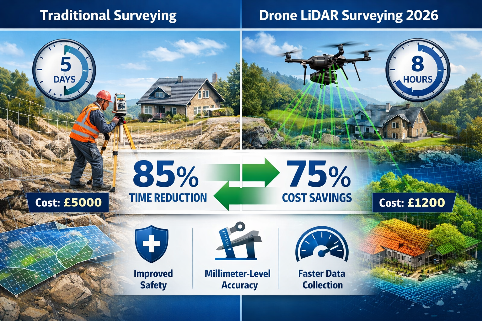 Landscape format (1536x1024) detailed infographic comparing traditional property surveying methods versus drone LiDAR technology in 2026. Sp