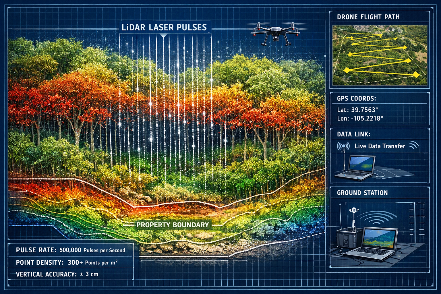 Landscape format (1536x1024) technical visualization showing LiDAR point cloud data capture process for property boundary and topographic su