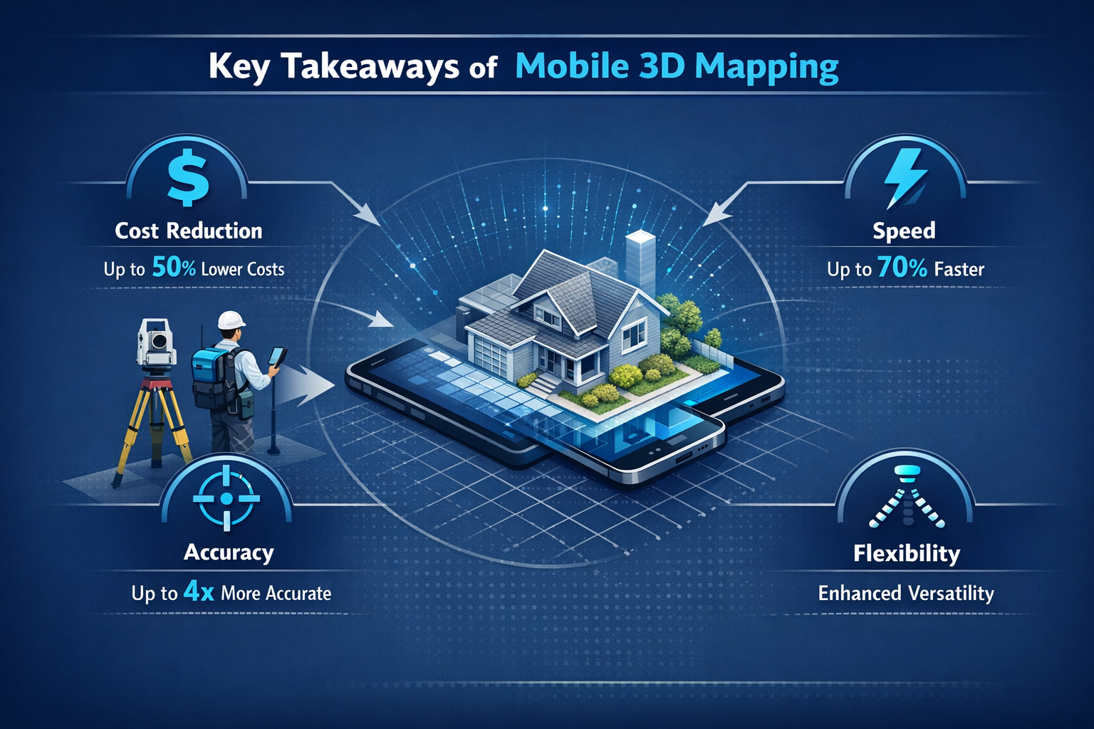 Key takeaways infographic for Mobile 3D Mapping technology, featuring sleek isometric illustrations comparing traditional bulky surveying eq