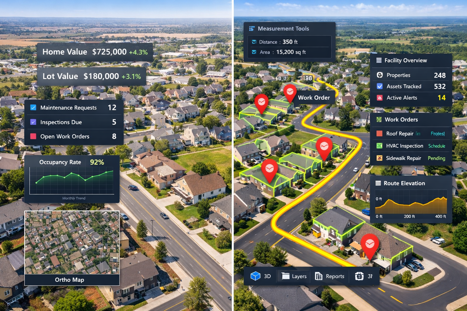 Landscape format (1536x1024) professional real estate and urban development application showcase featuring split-screen view: left side show