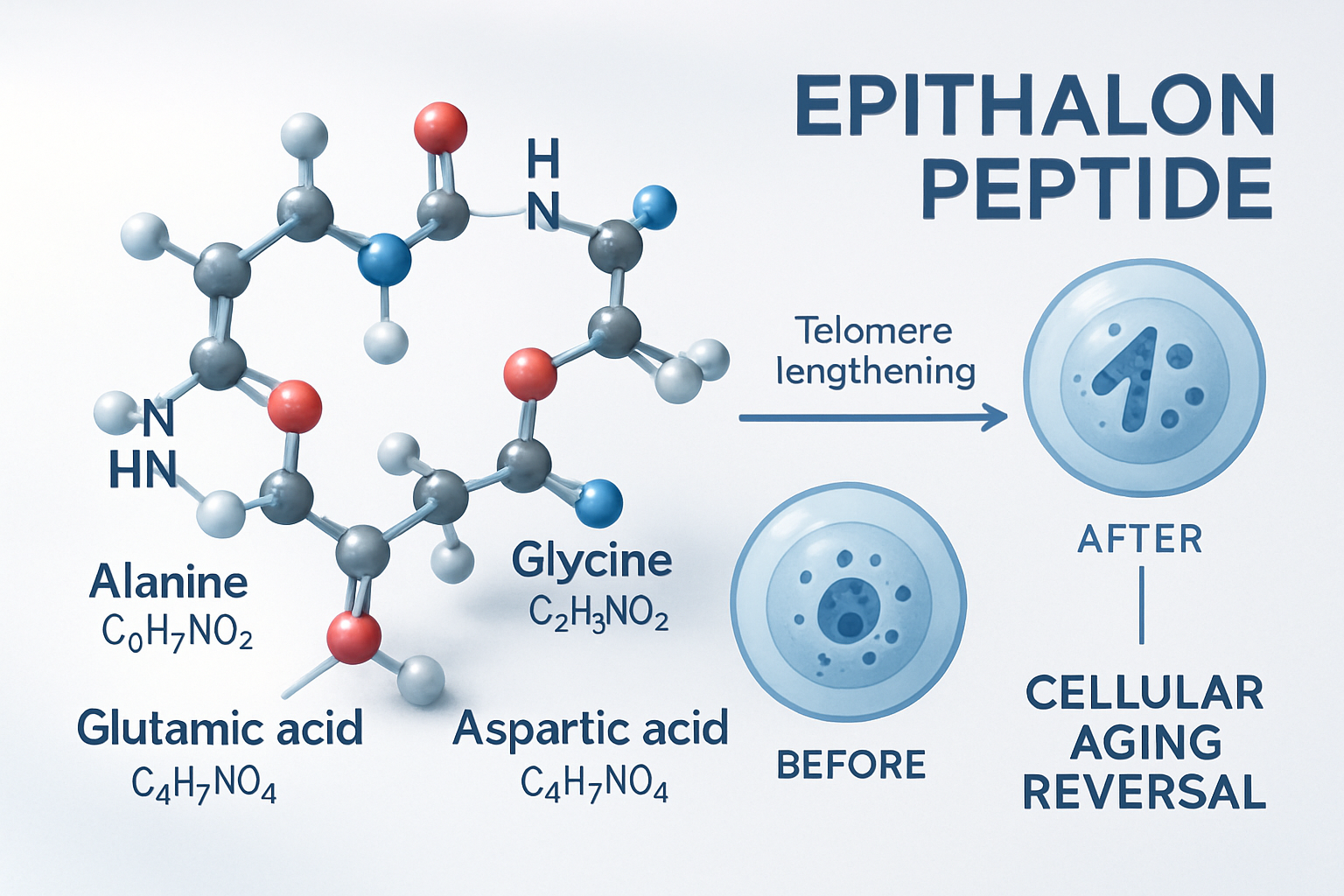 Detailed scientific illustration showing Epithalon peptide molecular structure with four amino acids (Alanine, Glutamic acid, Aspartic acid,