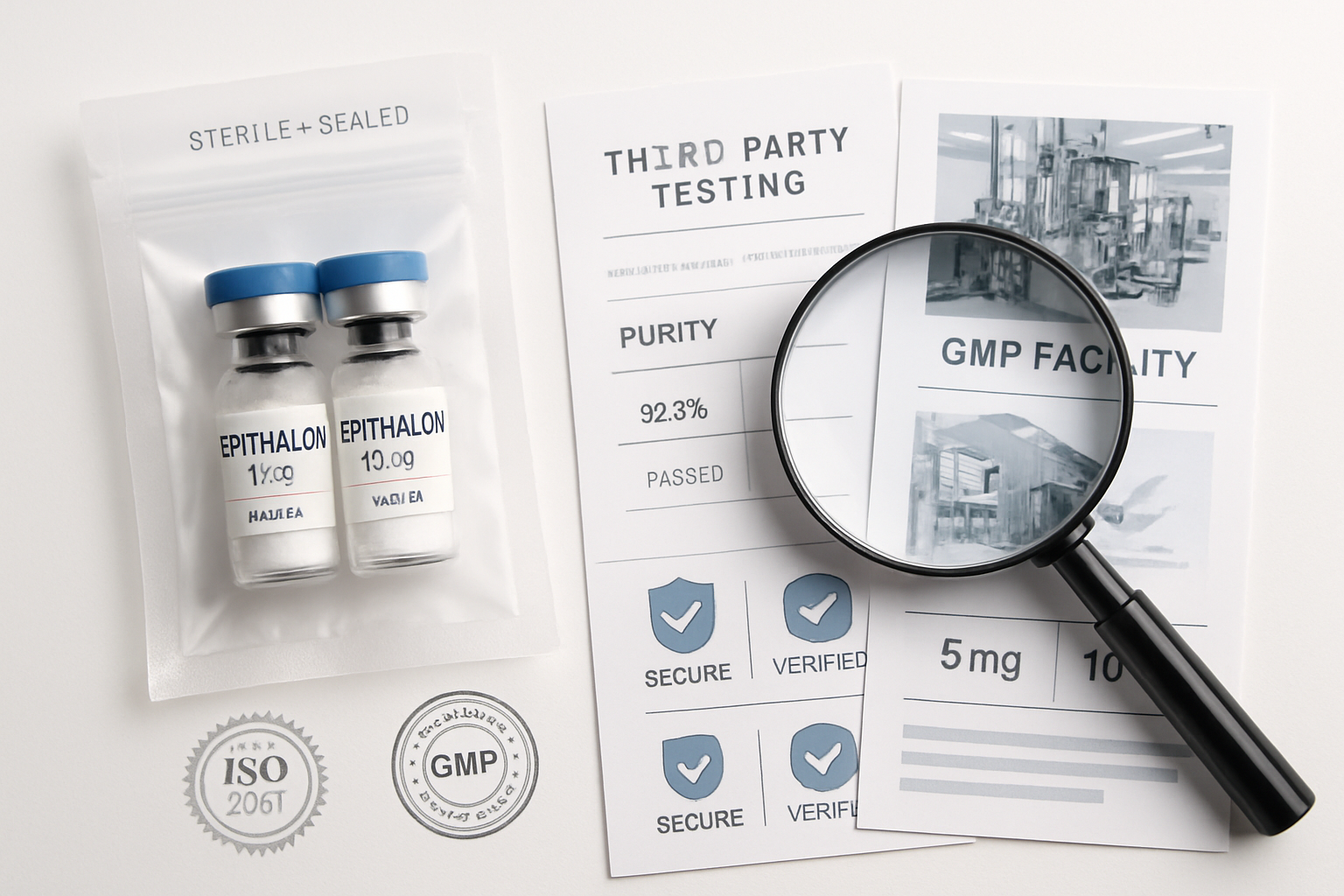 Professional e-commerce product photography showing sealed peptide vials with Epithalon labels, sterile laboratory packaging, quality certif