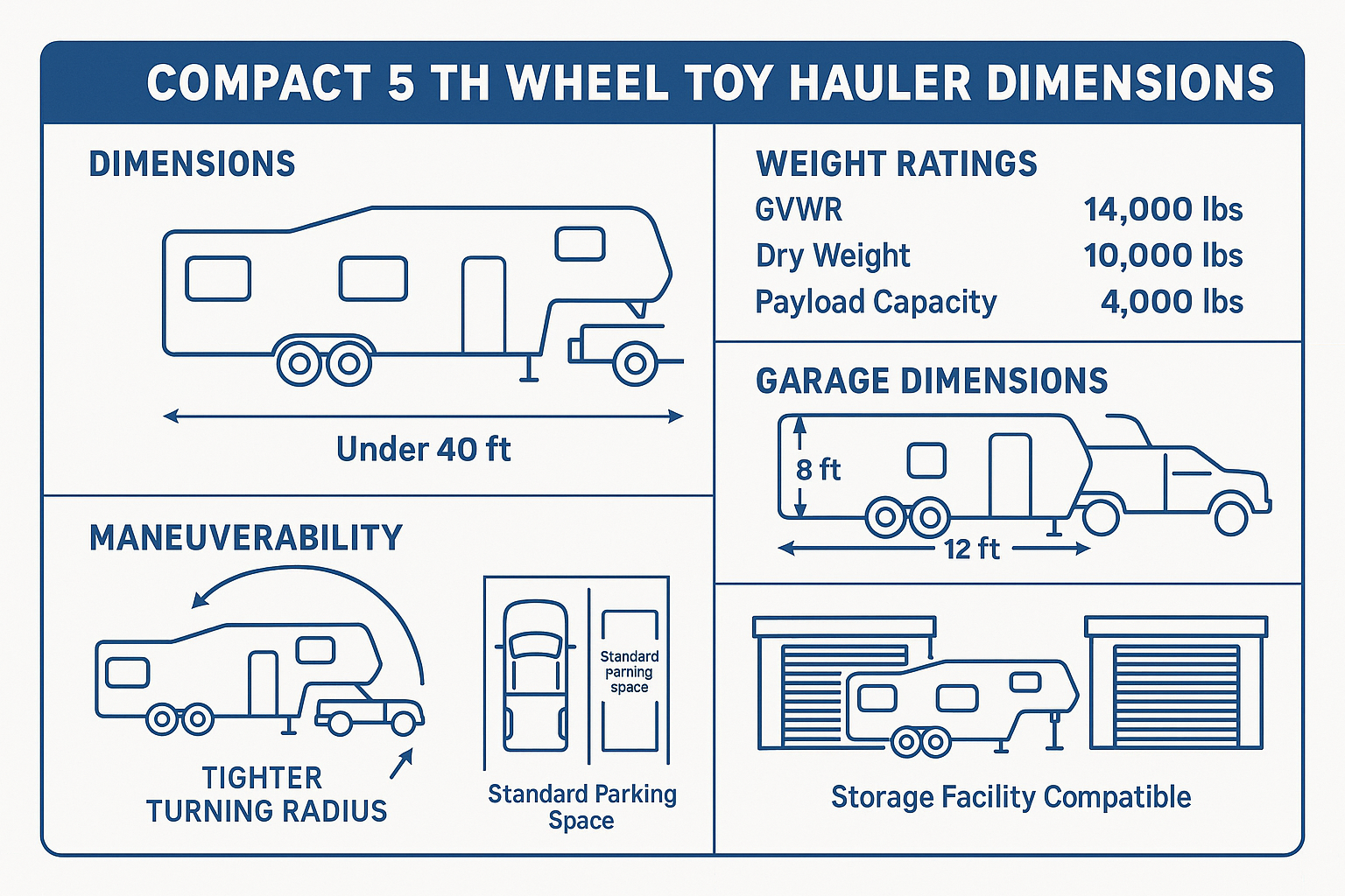 Comparison chart of top 5th wheel toy haulers with key specs highlighted
