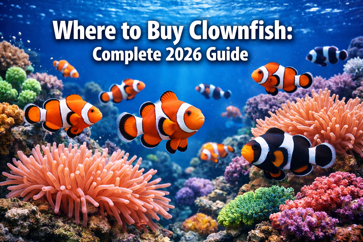 Professional landscape hero image (1536x1024) featuring vibrant orange and white clownfish swimming among coral reef with bold text overlay 